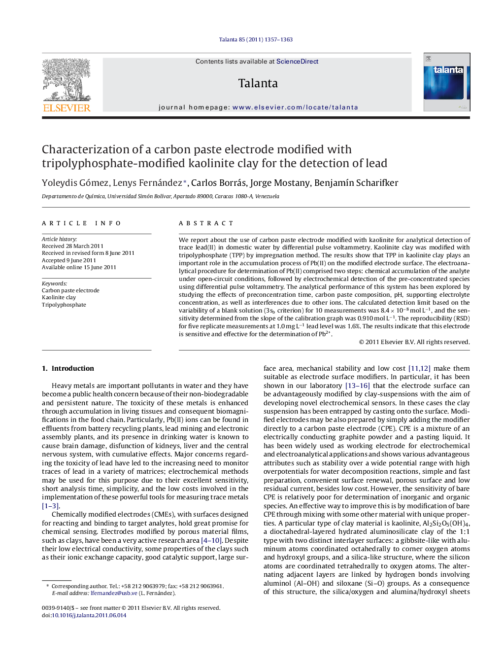 Characterization of a carbon paste electrode modified with tripolyphosphate-modified kaolinite clay for the detection of lead