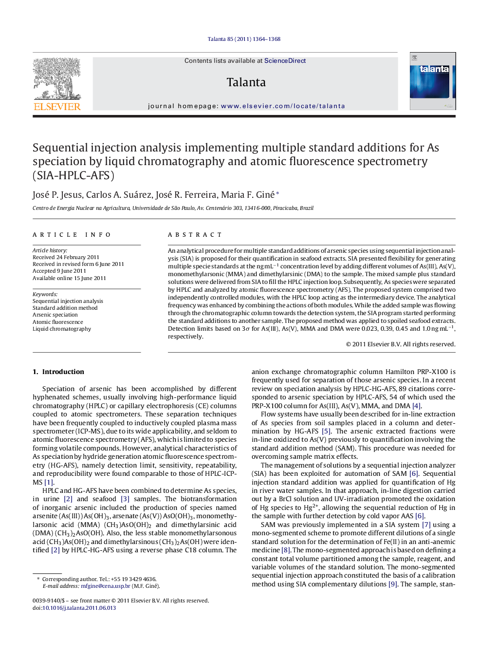 Sequential injection analysis implementing multiple standard additions for As speciation by liquid chromatography and atomic fluorescence spectrometry (SIA-HPLC-AFS)