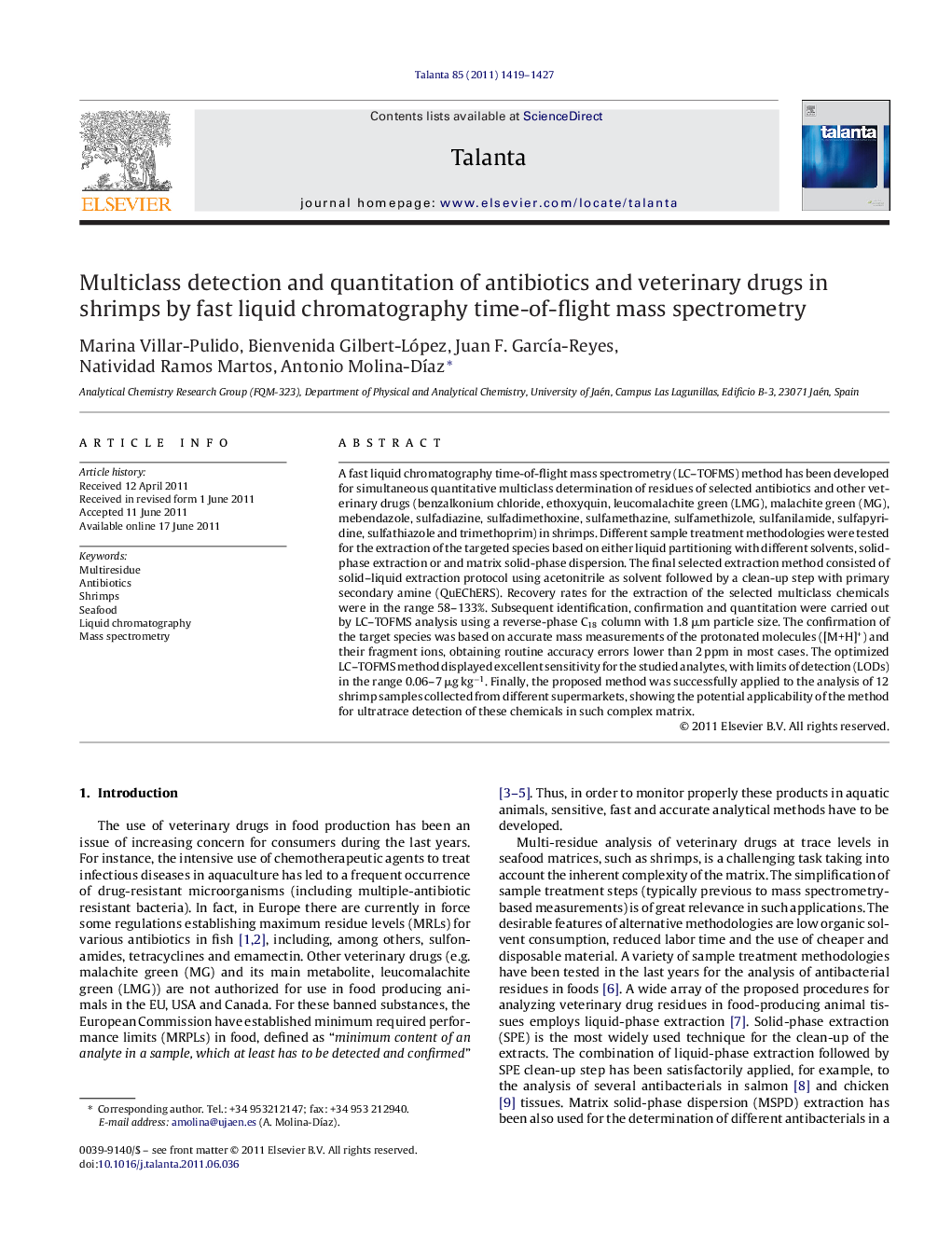 Multiclass detection and quantitation of antibiotics and veterinary drugs in shrimps by fast liquid chromatography time-of-flight mass spectrometry