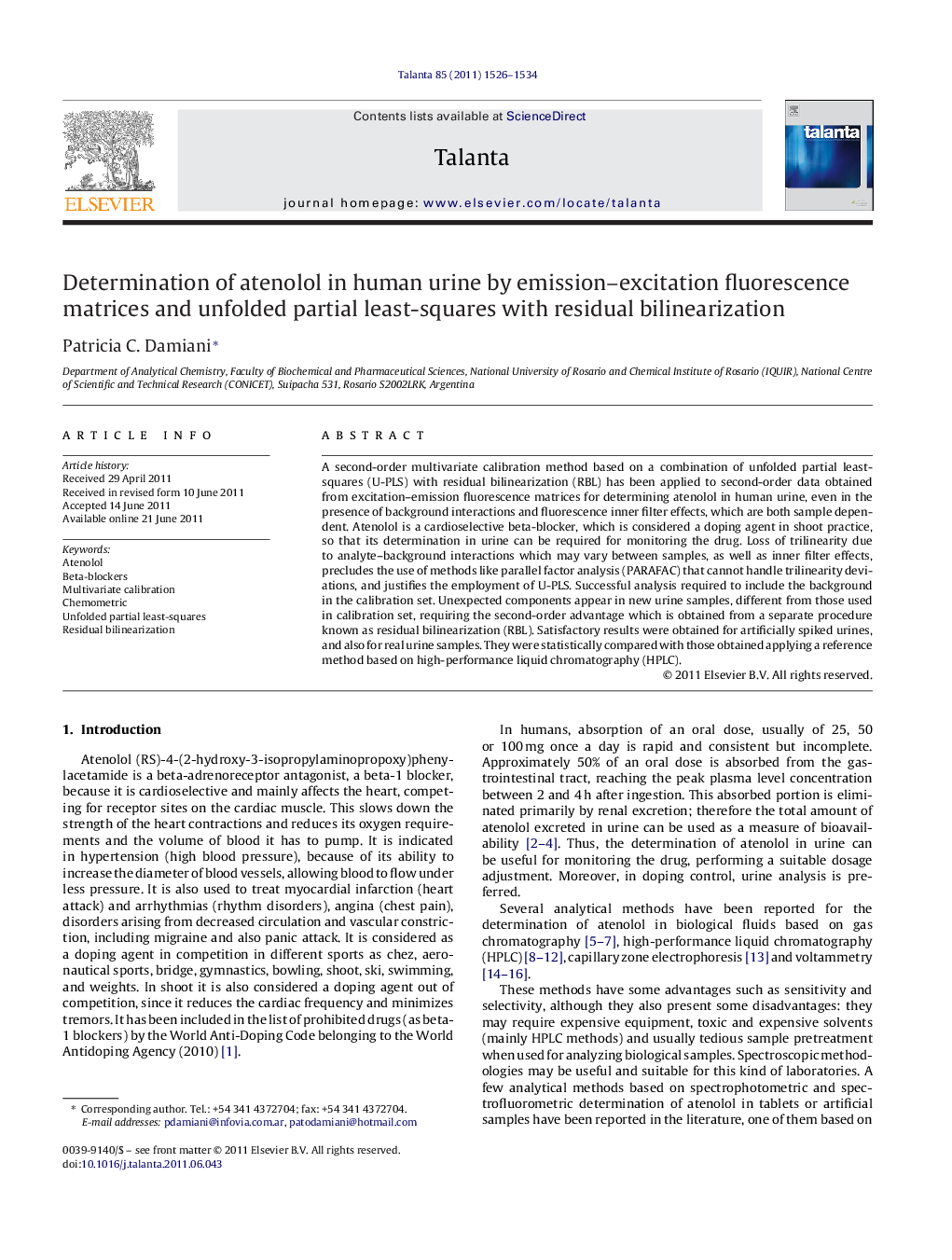 Determination of atenolol in human urine by emission-excitation fluorescence matrices and unfolded partial least-squares with residual bilinearization