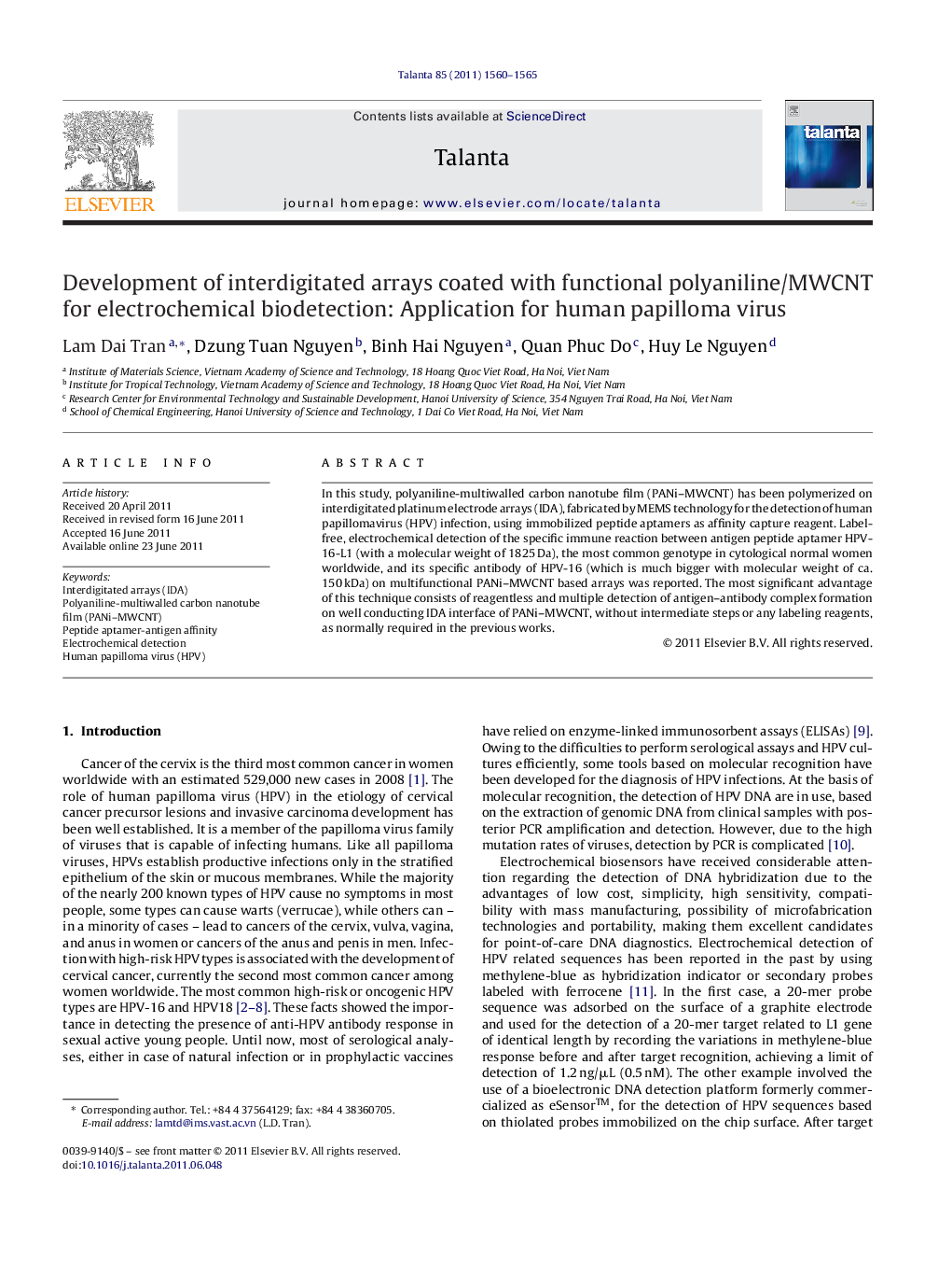 Development of interdigitated arrays coated with functional polyaniline/MWCNT for electrochemical biodetection: Application for human papilloma virus