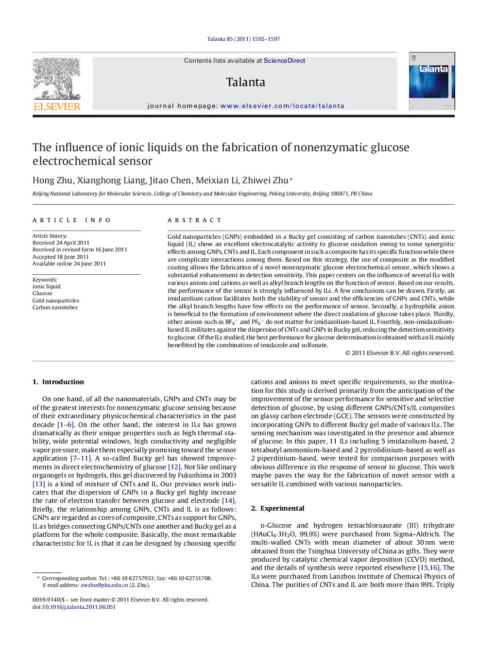 The influence of ionic liquids on the fabrication of nonenzymatic glucose electrochemical sensor