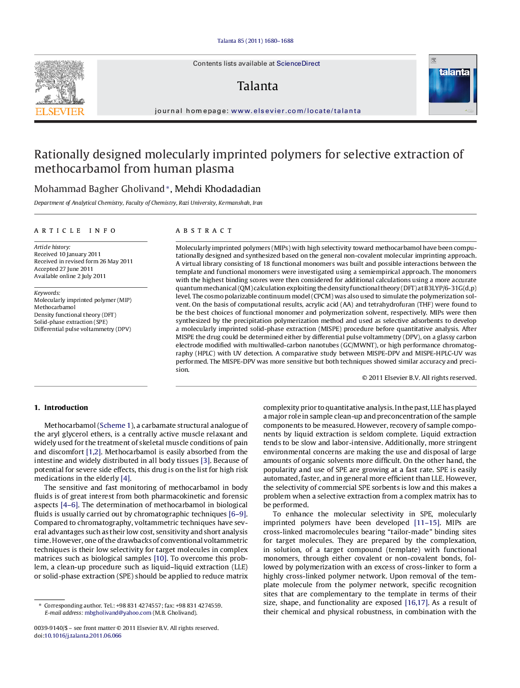 Rationally designed molecularly imprinted polymers for selective extraction of methocarbamol from human plasma