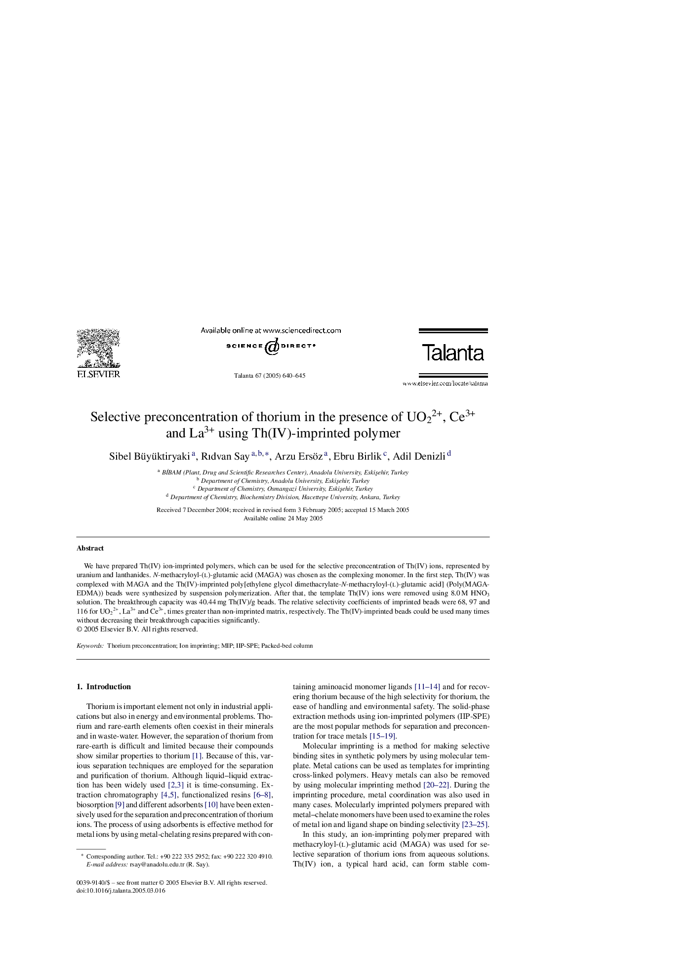 Selective preconcentration of thorium in the presence of UO22+, Ce3+ and La3+ using Th(IV)-imprinted polymer