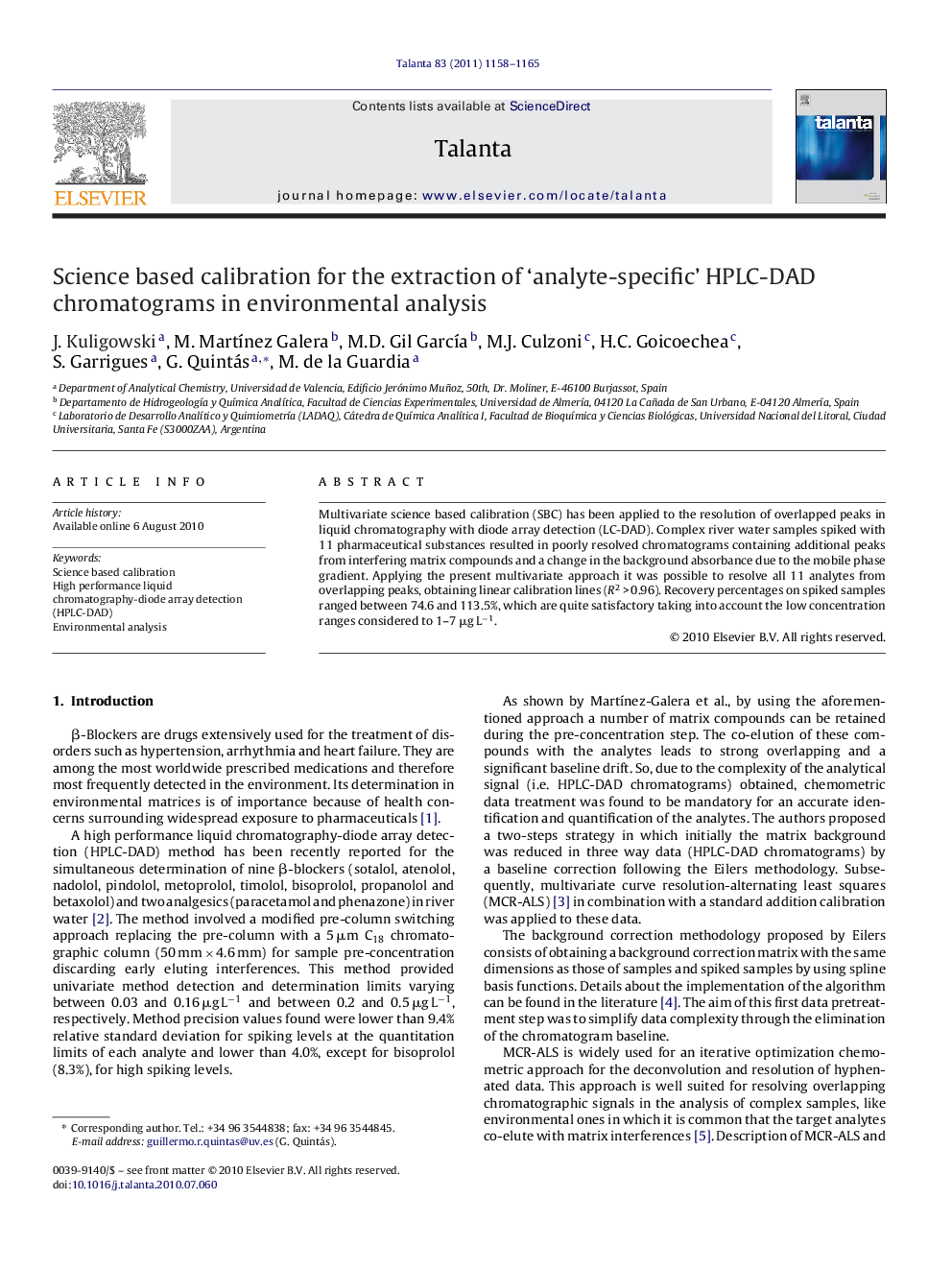 Science based calibration for the extraction of 'analyte-specific' HPLC-DAD chromatograms in environmental analysis