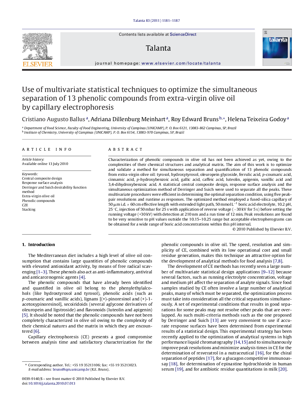 Use of multivariate statistical techniques to optimize the simultaneous separation of 13 phenolic compounds from extra-virgin olive oil by capillary electrophoresis