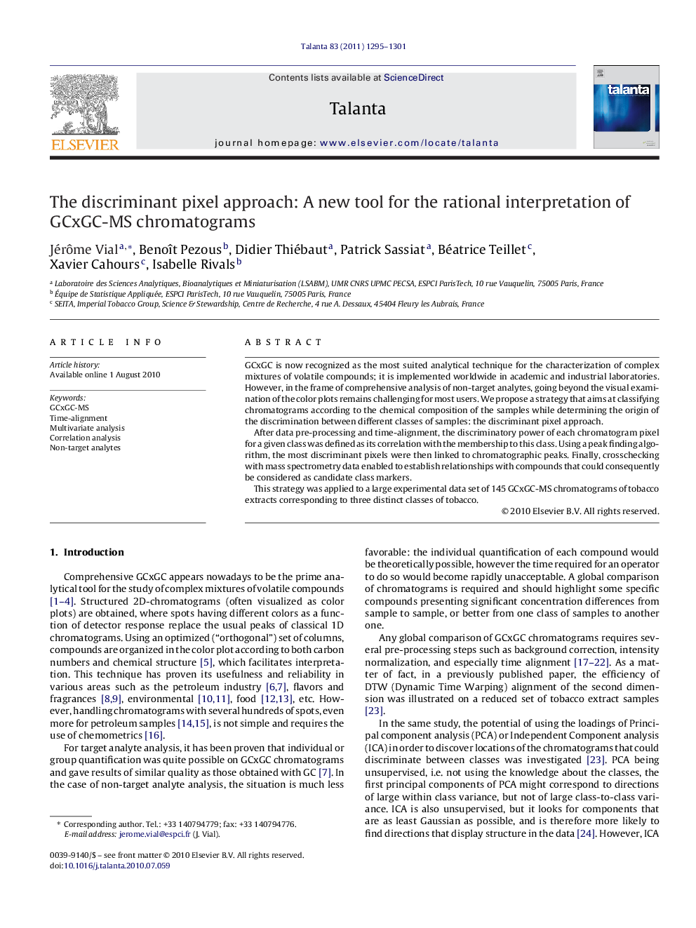 The discriminant pixel approach: A new tool for the rational interpretation of GCxGC-MS chromatograms