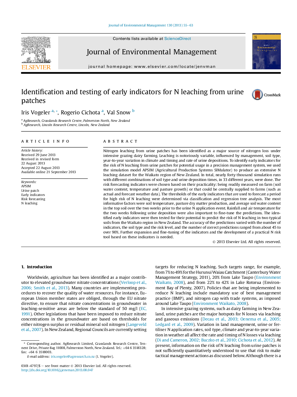 Identification and testing of early indicators for N leaching from urine patches