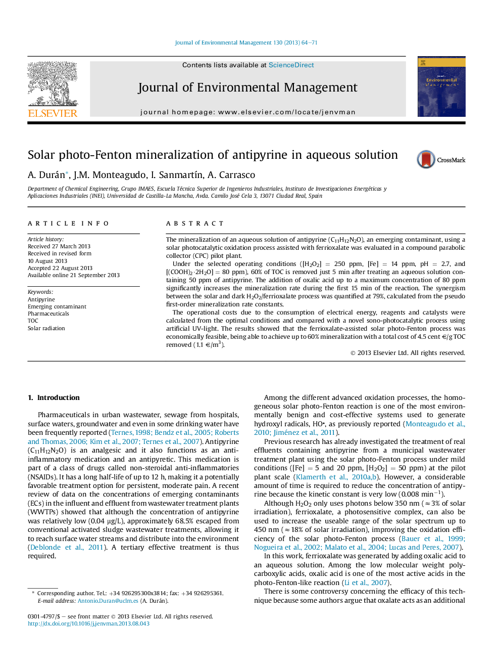 Solar photo-Fenton mineralization of antipyrine in aqueous solution