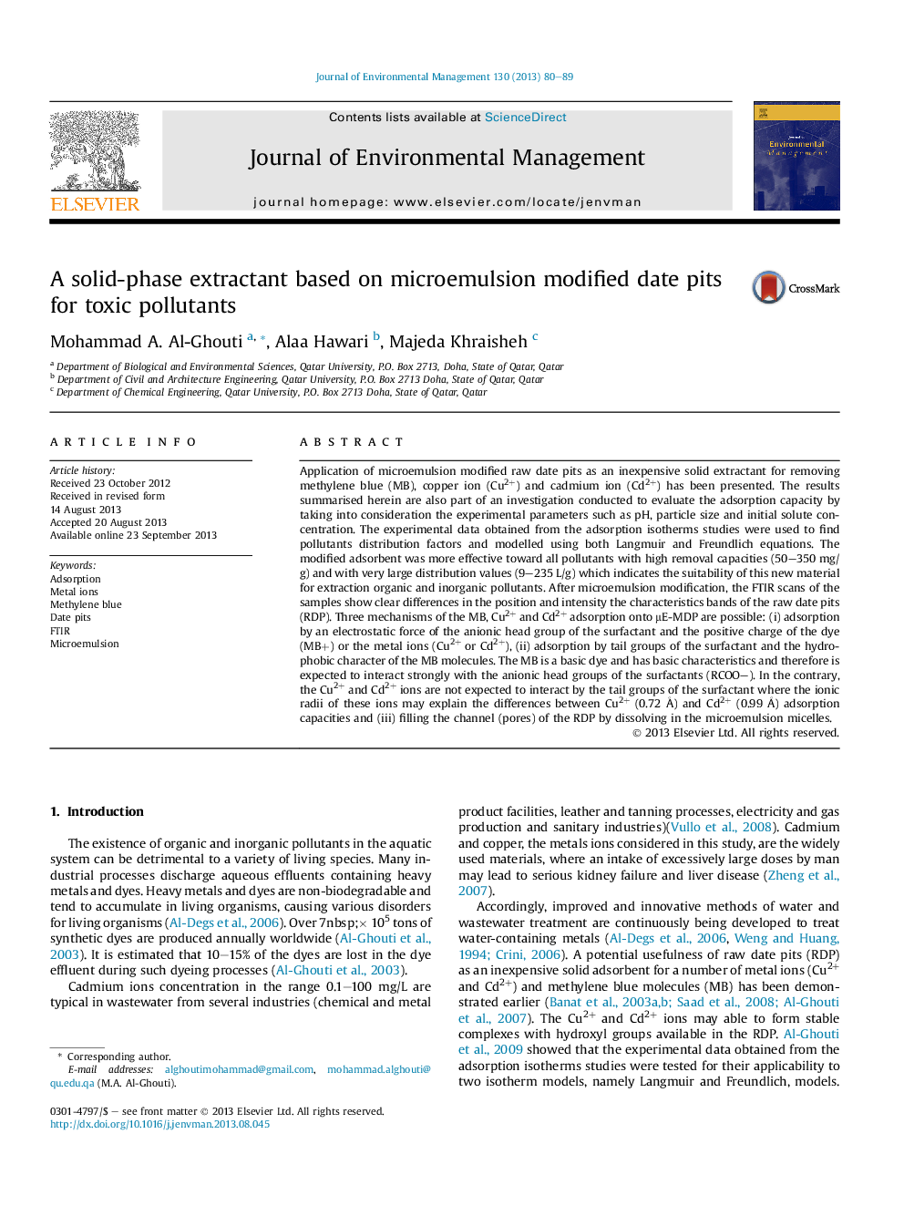 A solid-phase extractant based on microemulsion modified date pits for toxic pollutants