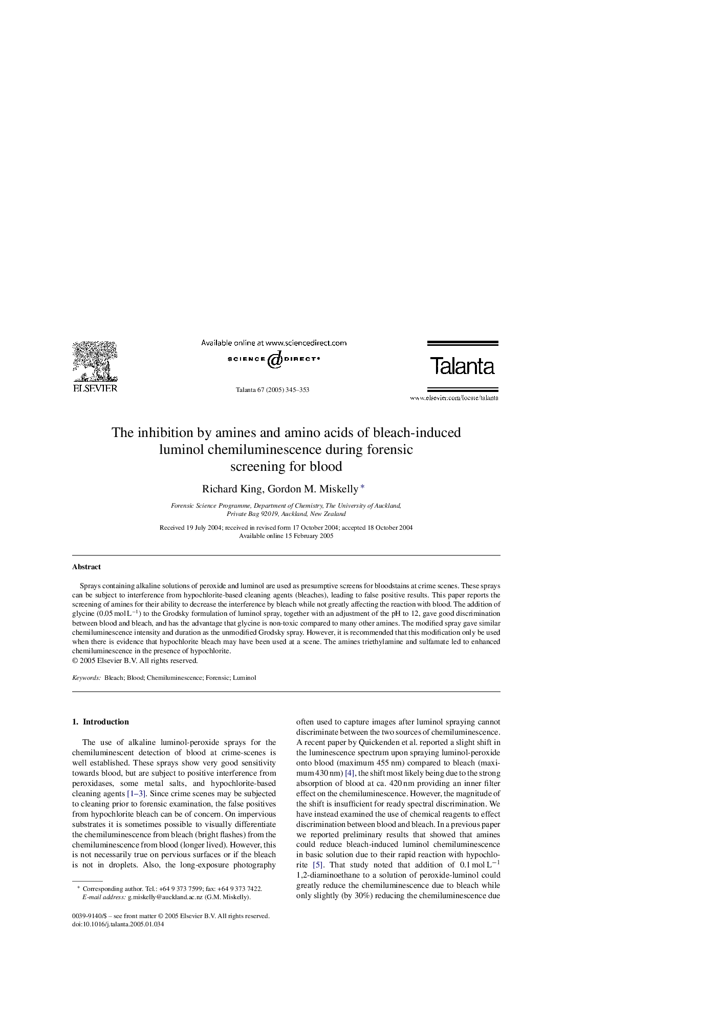 The inhibition by amines and amino acids of bleach-induced luminol chemiluminescence during forensic screening for blood