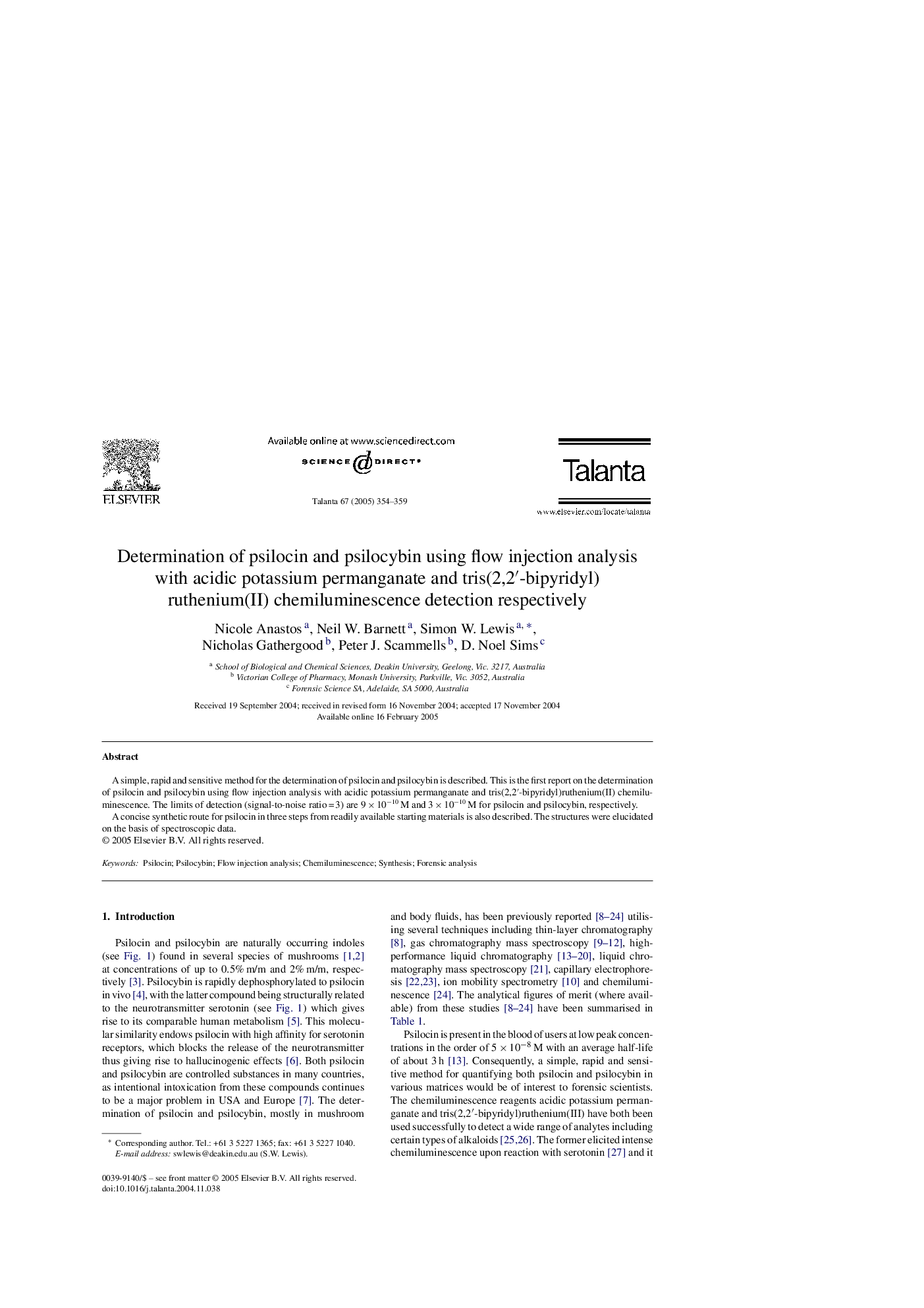 Determination of psilocin and psilocybin using flow injection analysis with acidic potassium permanganate and tris(2,2â²-bipyridyl)ruthenium(II) chemiluminescence detection respectively