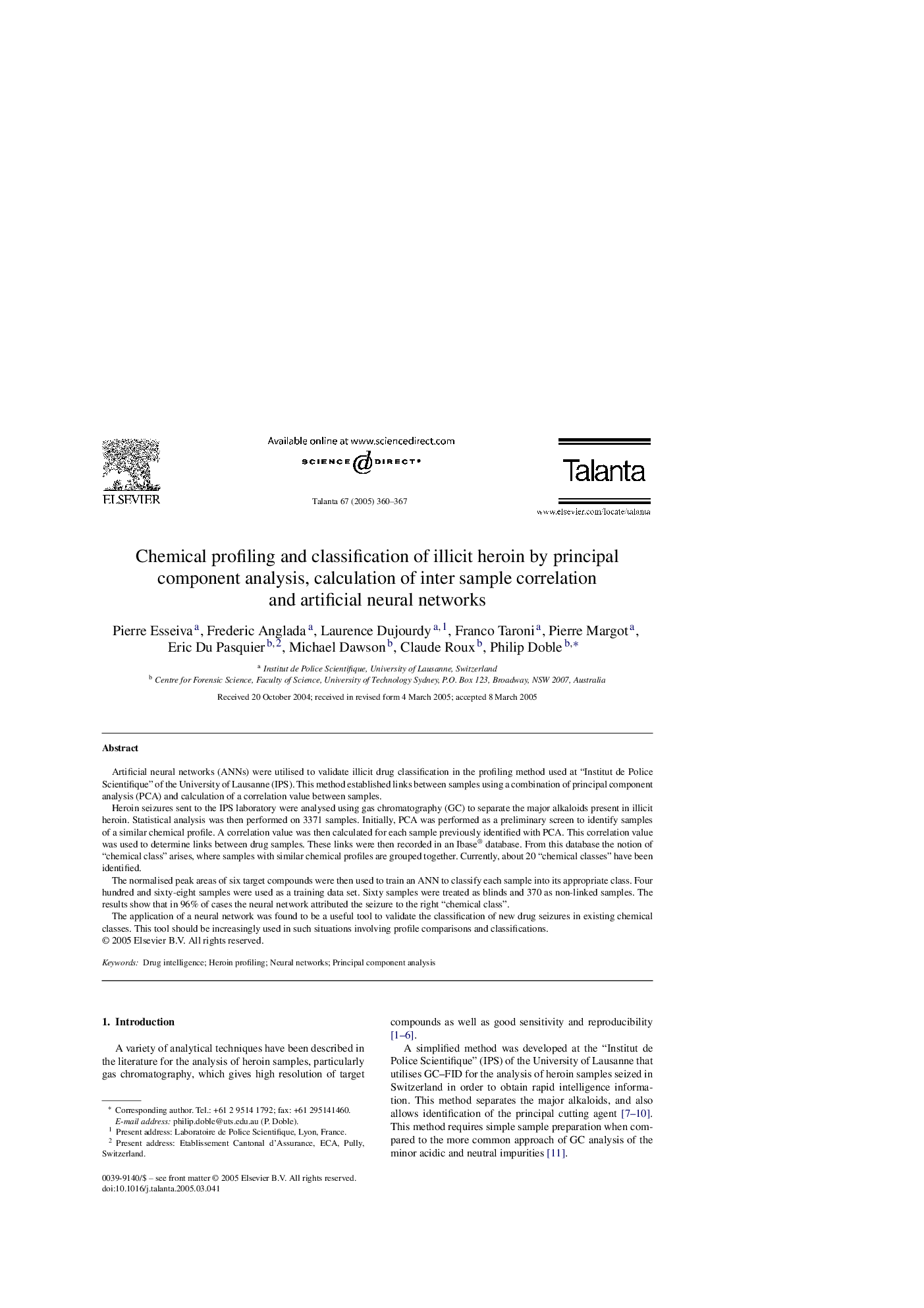 Chemical profiling and classification of illicit heroin by principal component analysis, calculation of inter sample correlation and artificial neural networks