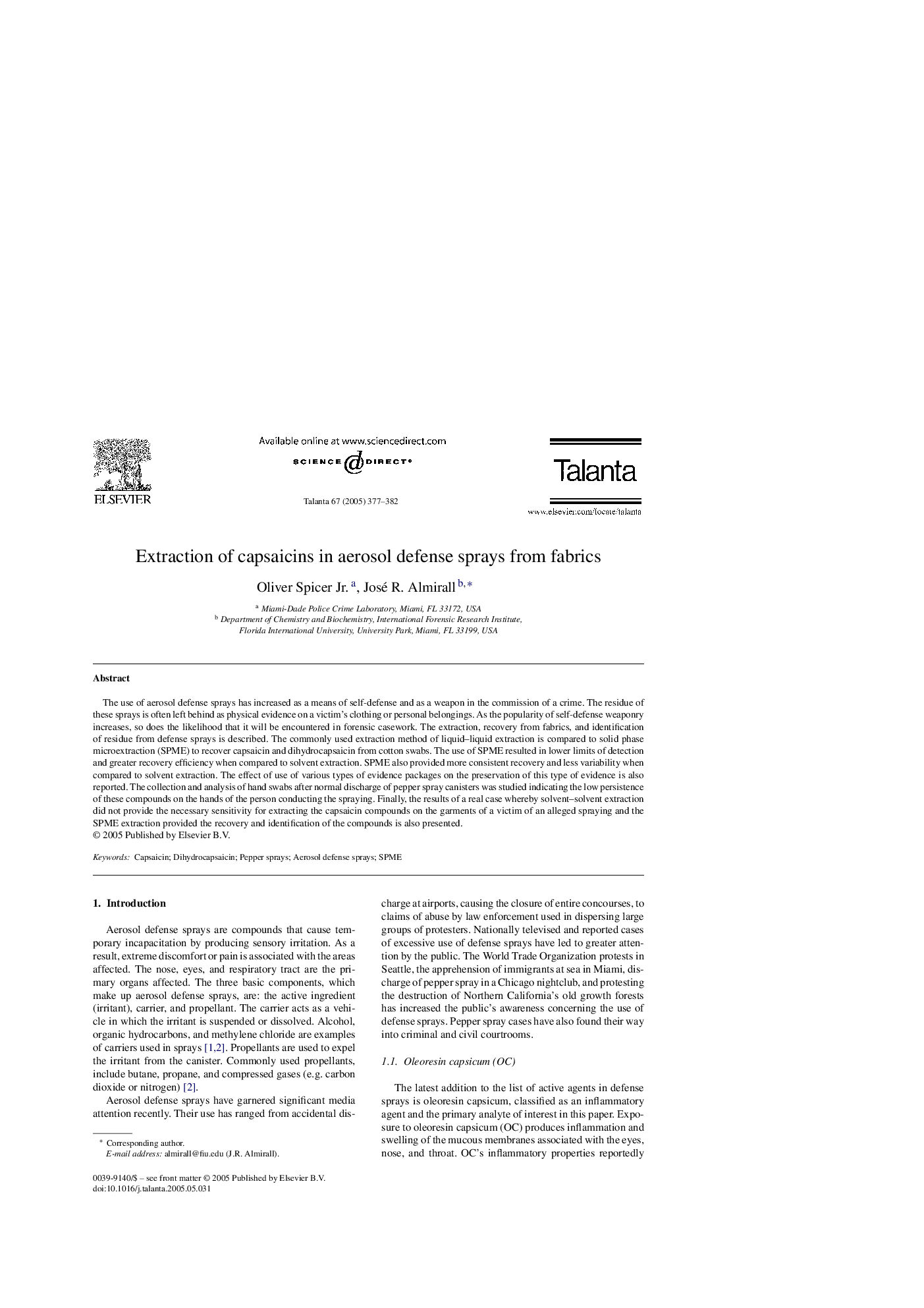 Extraction of capsaicins in aerosol defense sprays from fabrics