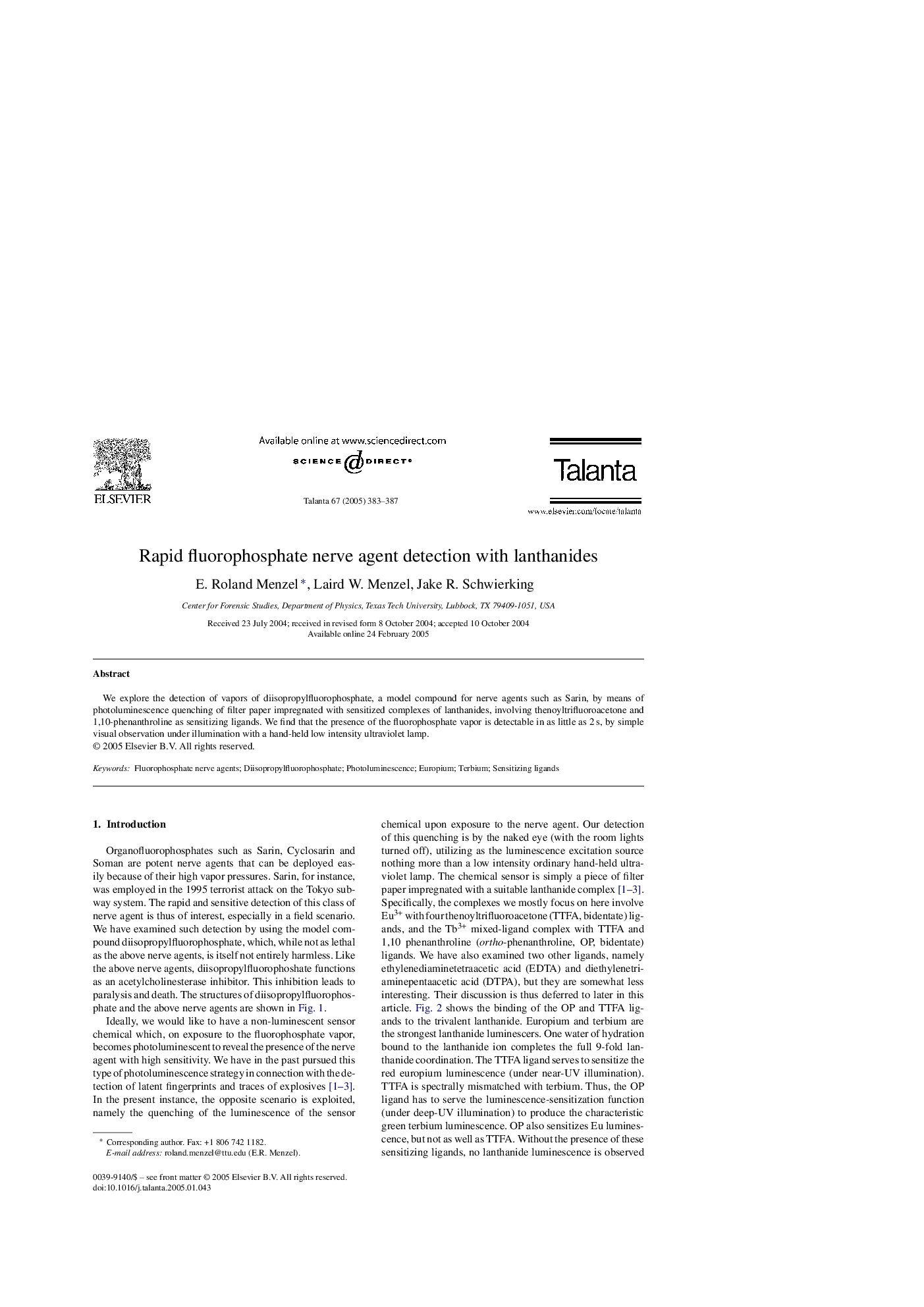 Rapid fluorophosphate nerve agent detection with lanthanides