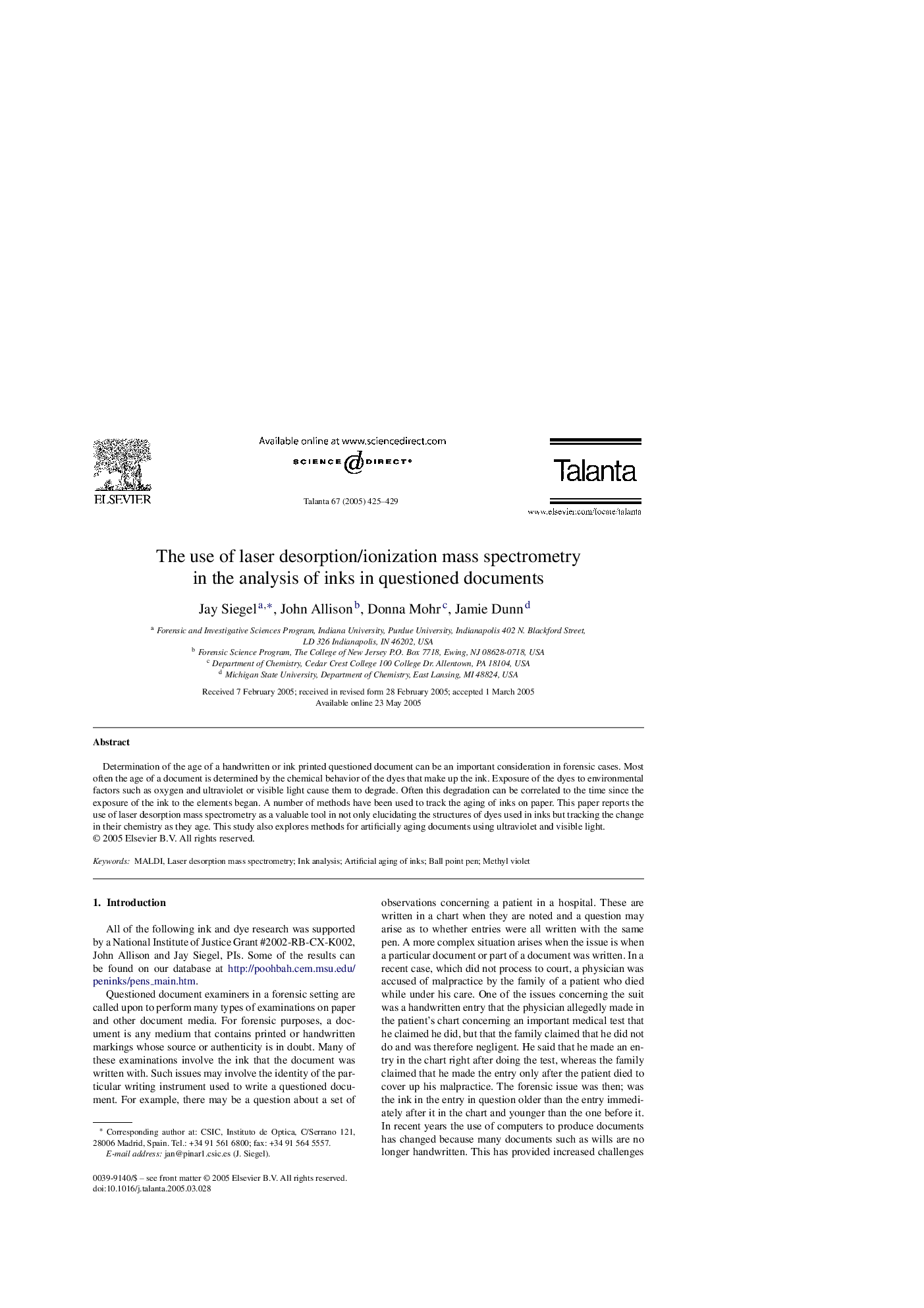 The use of laser desorption/ionization mass spectrometry in the analysis of inks in questioned documents