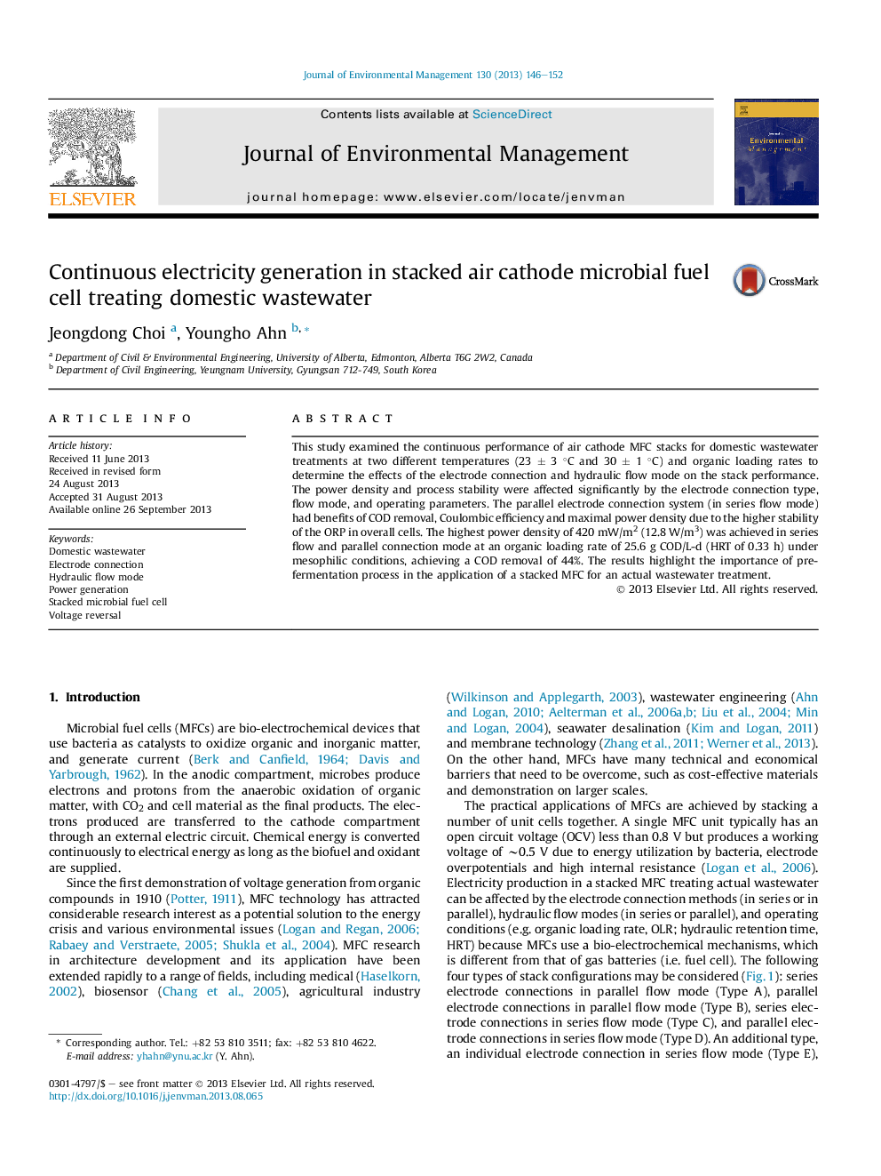 Continuous electricity generation in stacked air cathode microbial fuel cell treating domestic wastewater