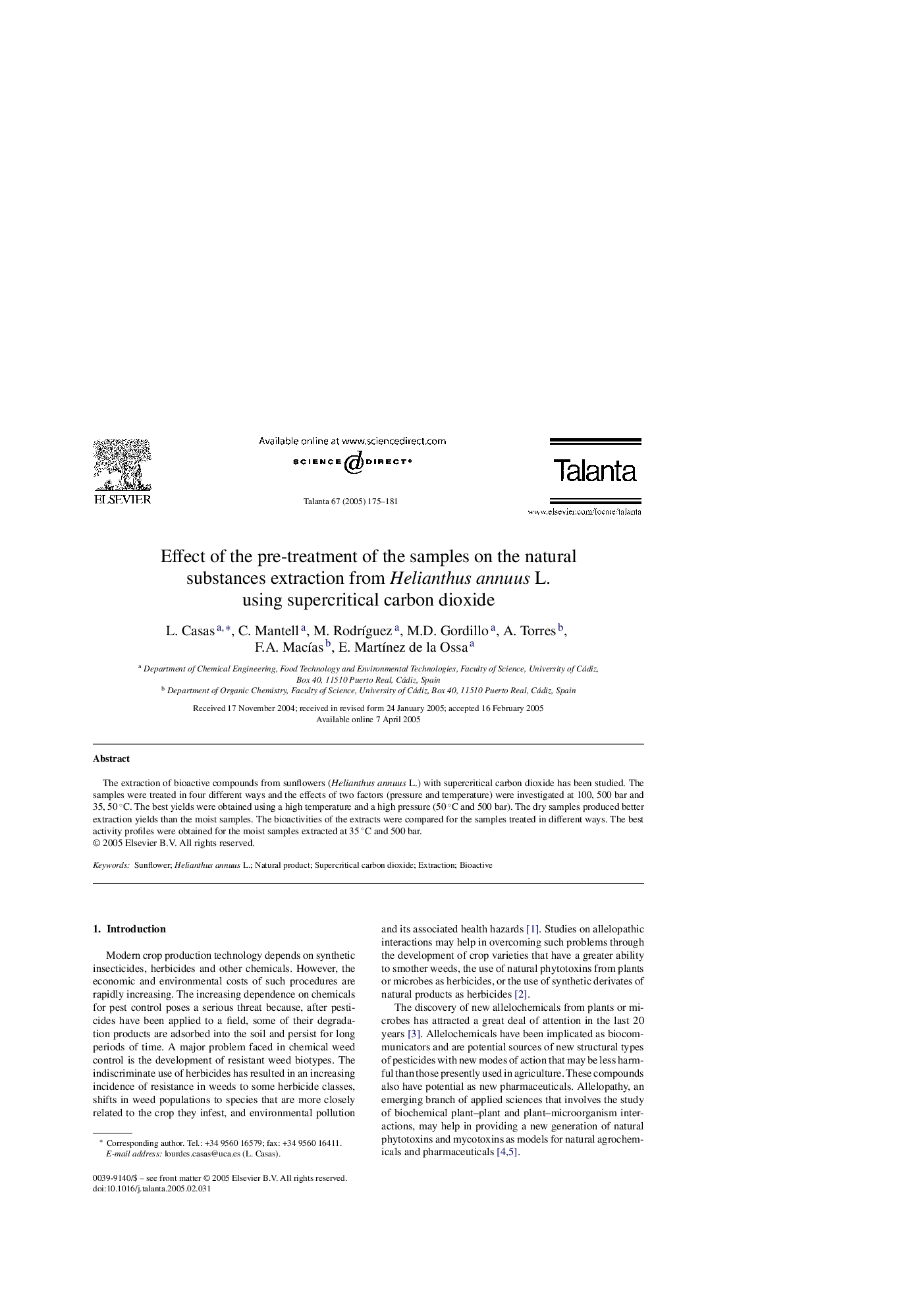 Effect of the pre-treatment of the samples on the natural substances extraction from Helianthus annuus L. using supercritical carbon dioxide