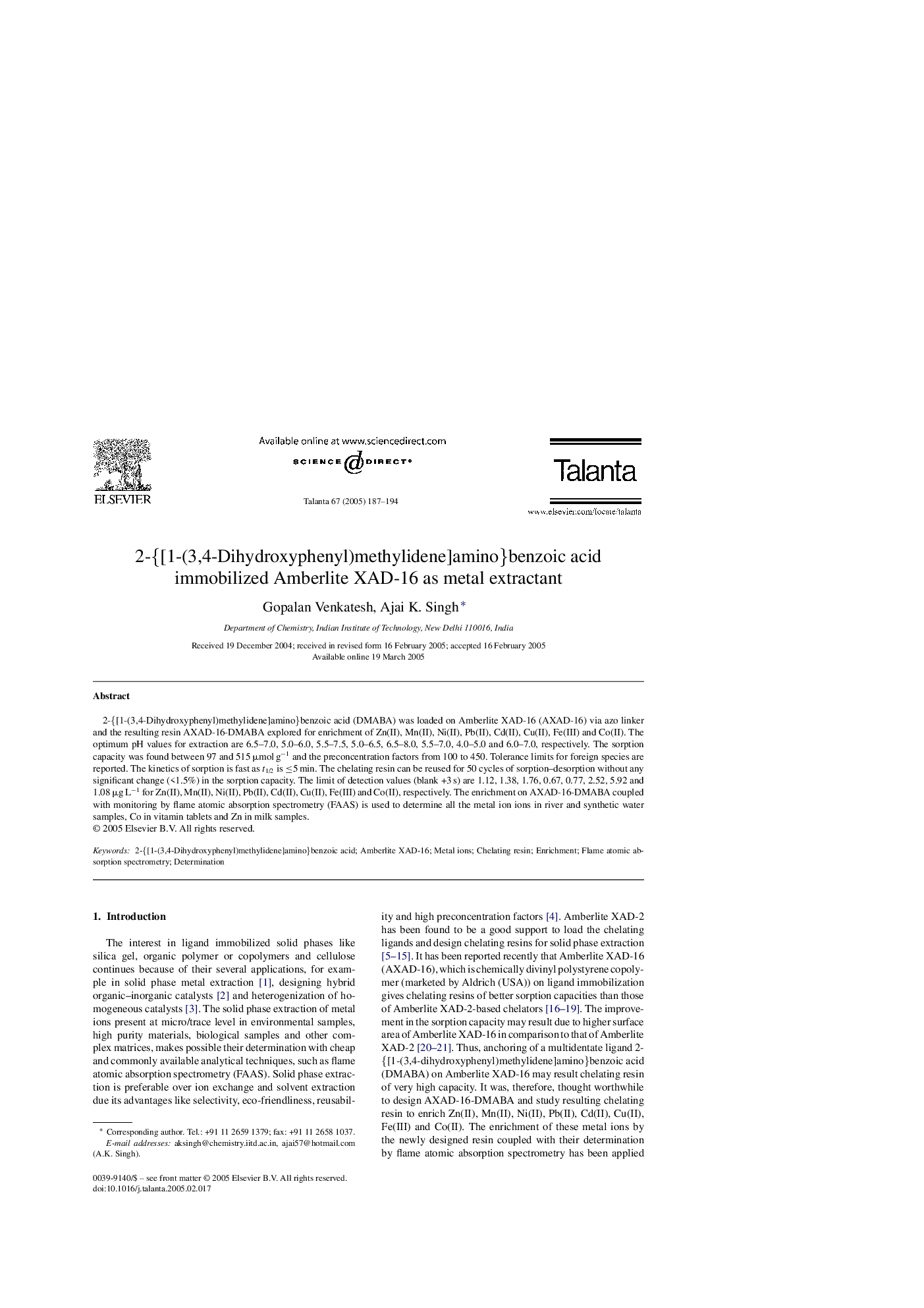 2-{[1-(3,4-Dihydroxyphenyl)methylidene]amino}benzoic acid immobilized Amberlite XAD-16 as metal extractant