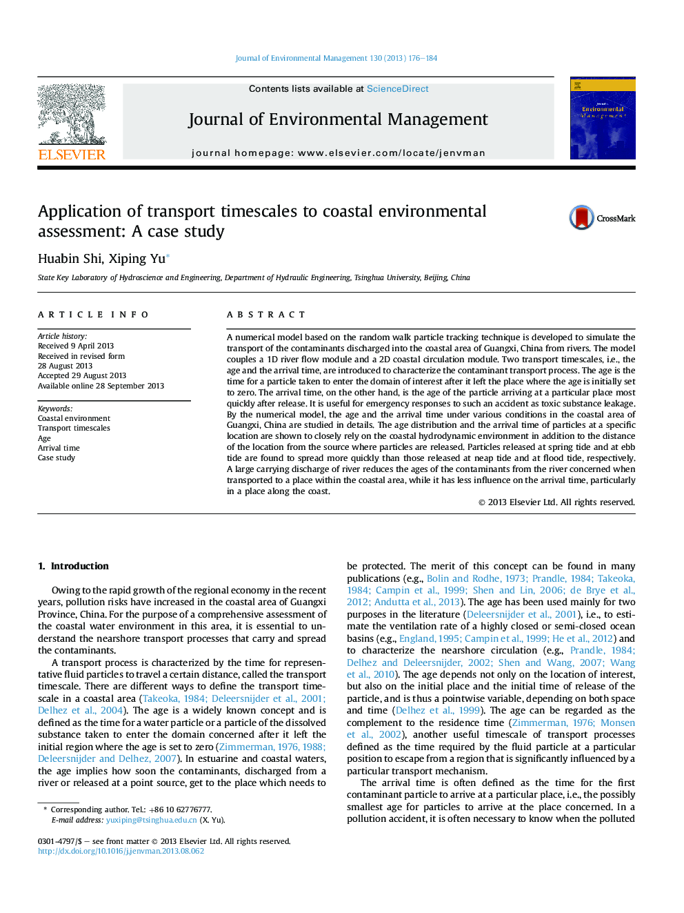 Application of transport timescales to coastal environmental assessment: A case study