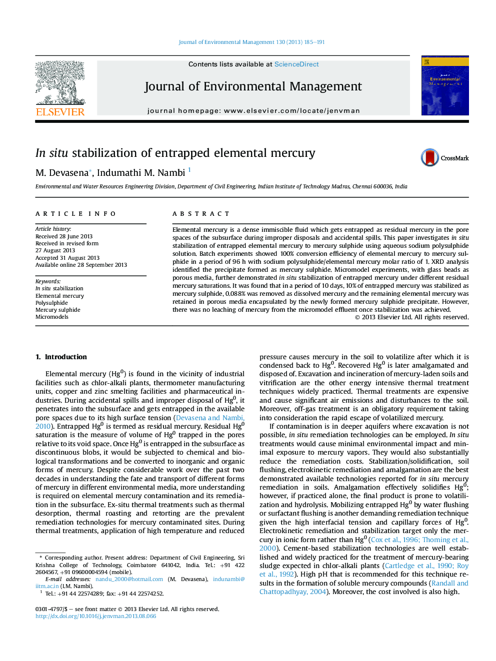 In situ stabilization of entrapped elemental mercury