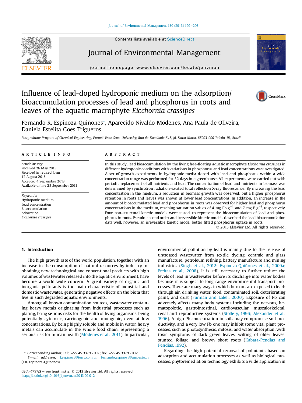 Influence of lead-doped hydroponic medium on the adsorption/bioaccumulation processes of lead and phosphorus in roots and leaves of the aquatic macrophyte Eicchornia crassipes