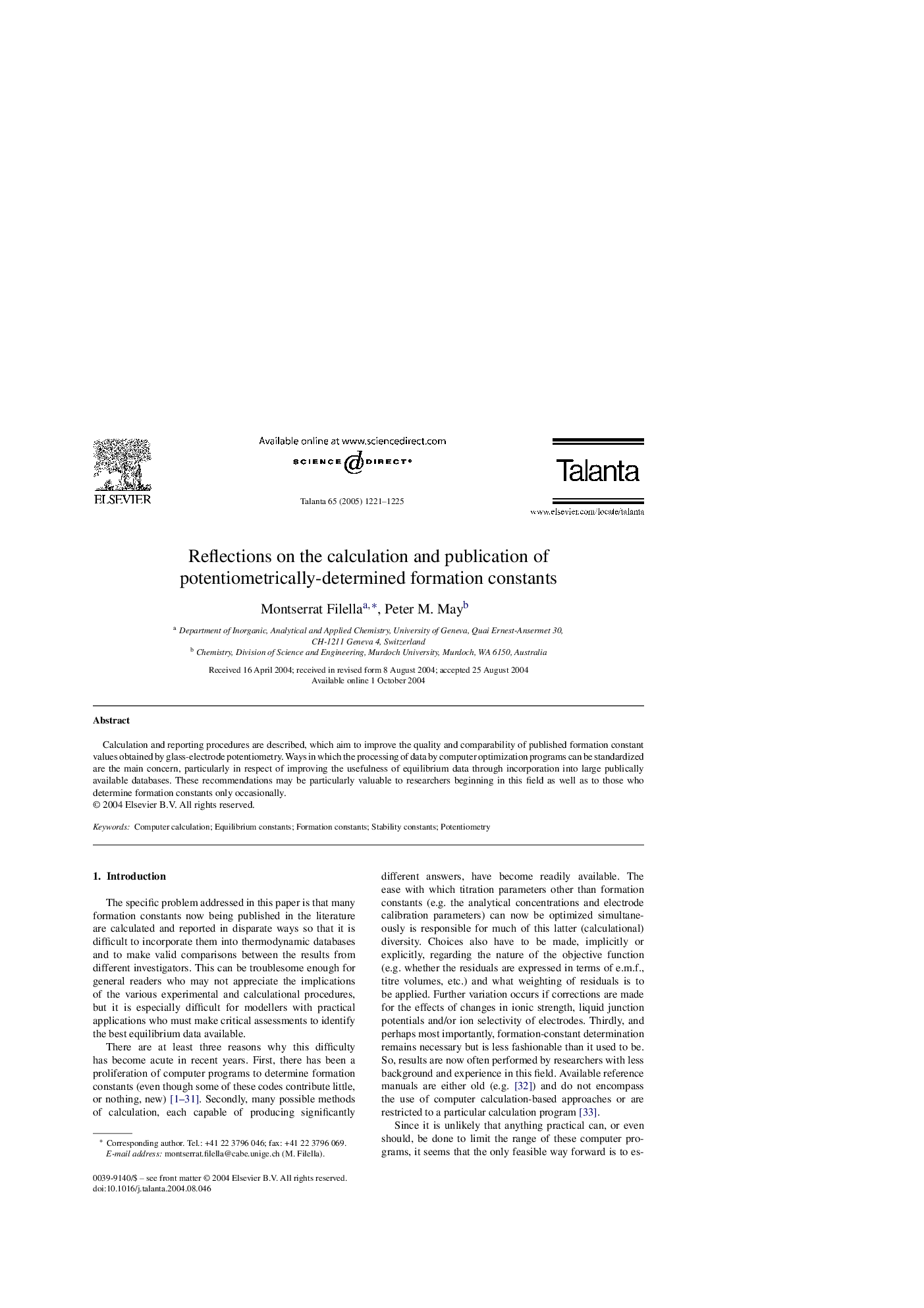 Reflections on the calculation and publication of potentiometrically-determined formation constants