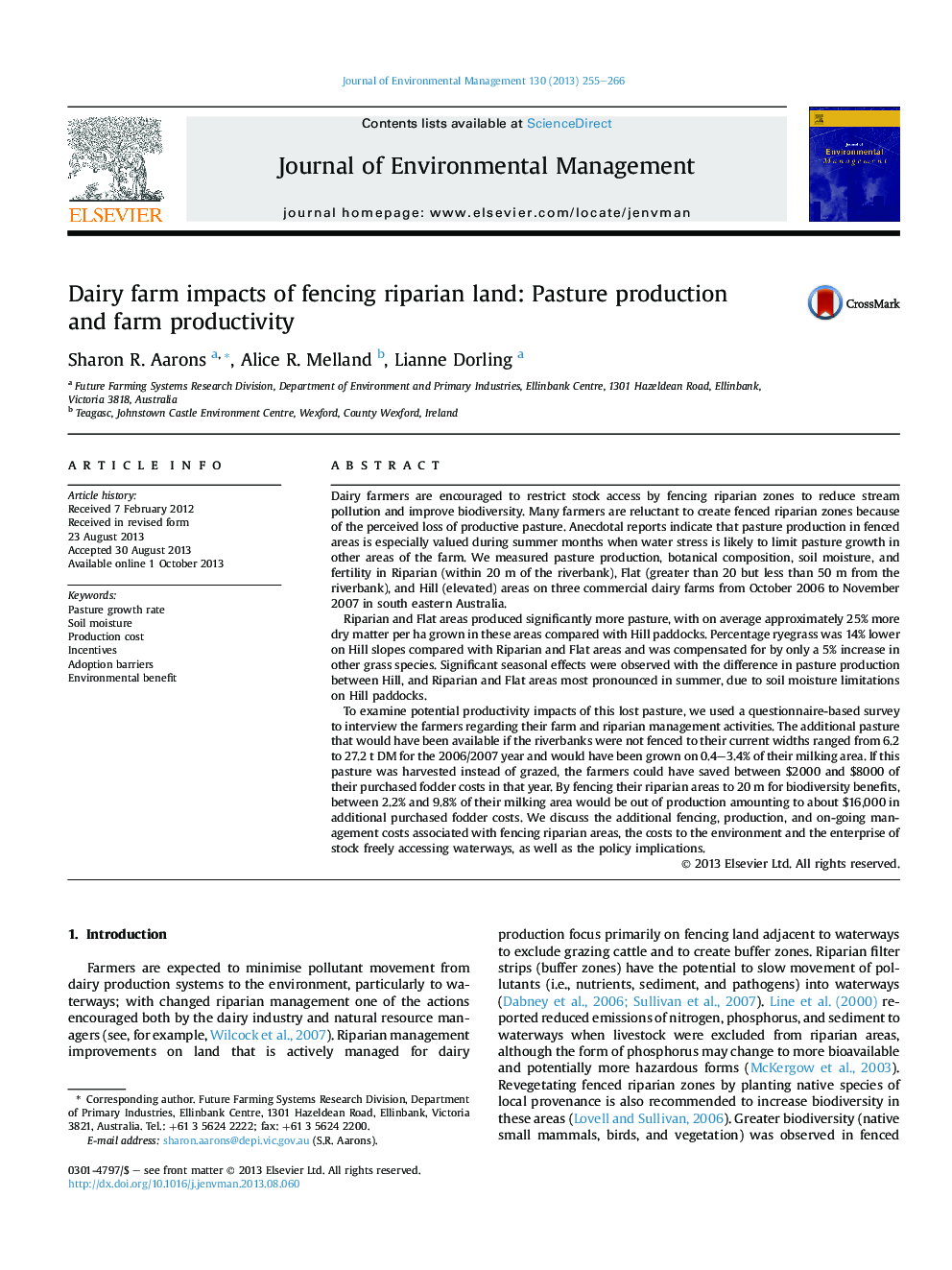 Dairy farm impacts of fencing riparian land: Pasture production and farm productivity