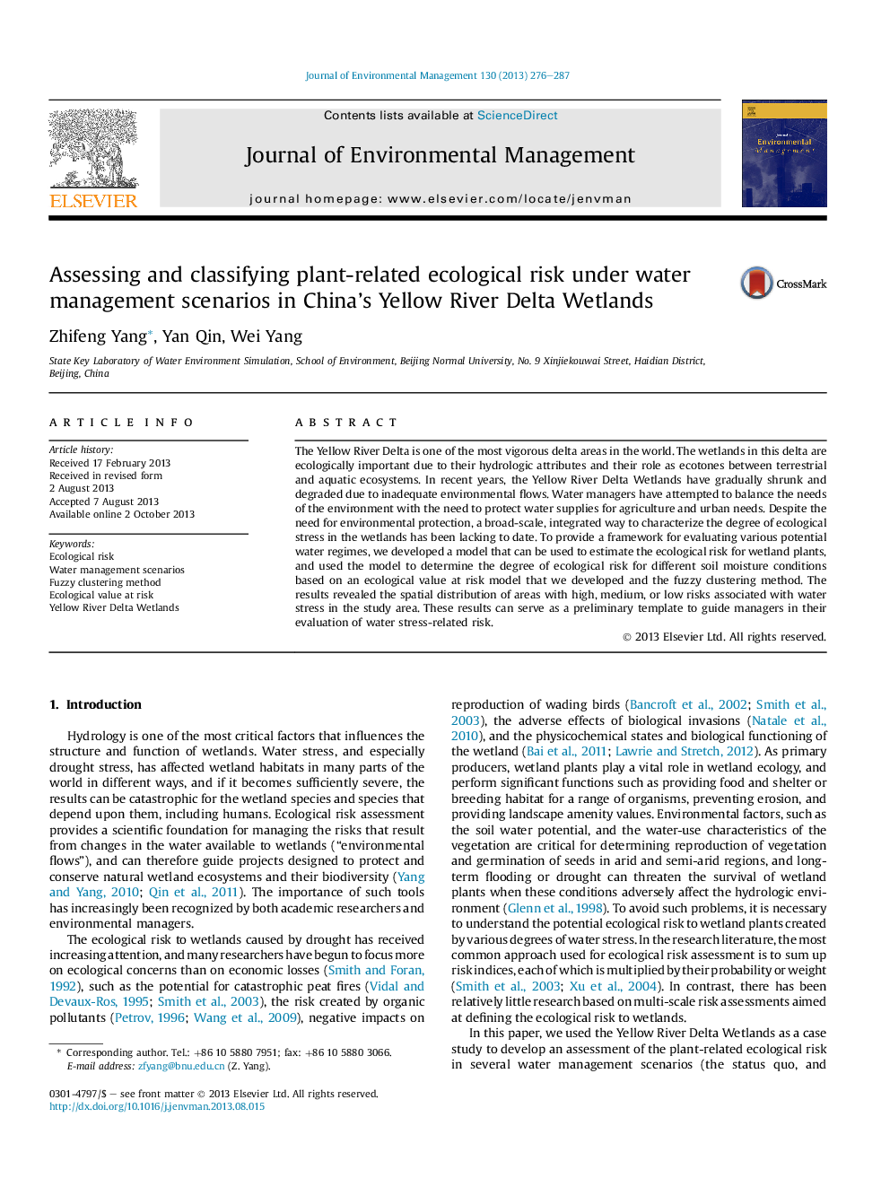 Assessing and classifying plant-related ecological risk under water management scenarios in China's Yellow River Delta Wetlands