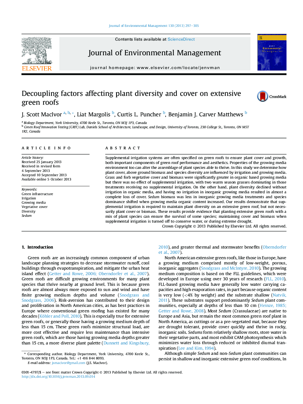 Decoupling factors affecting plant diversity and cover on extensive green roofs