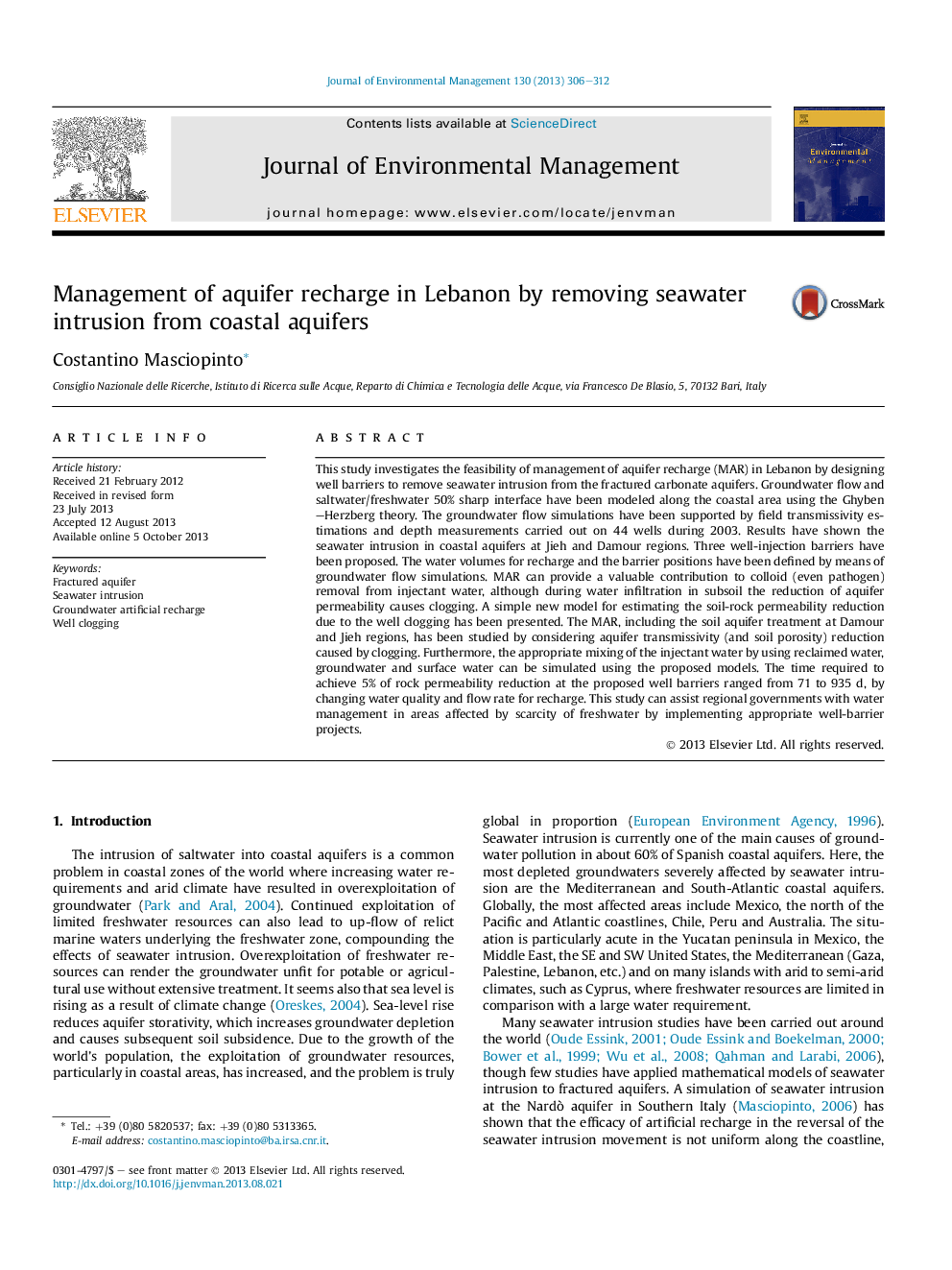 Management of aquifer recharge in Lebanon by removing seawater intrusion from coastal aquifers