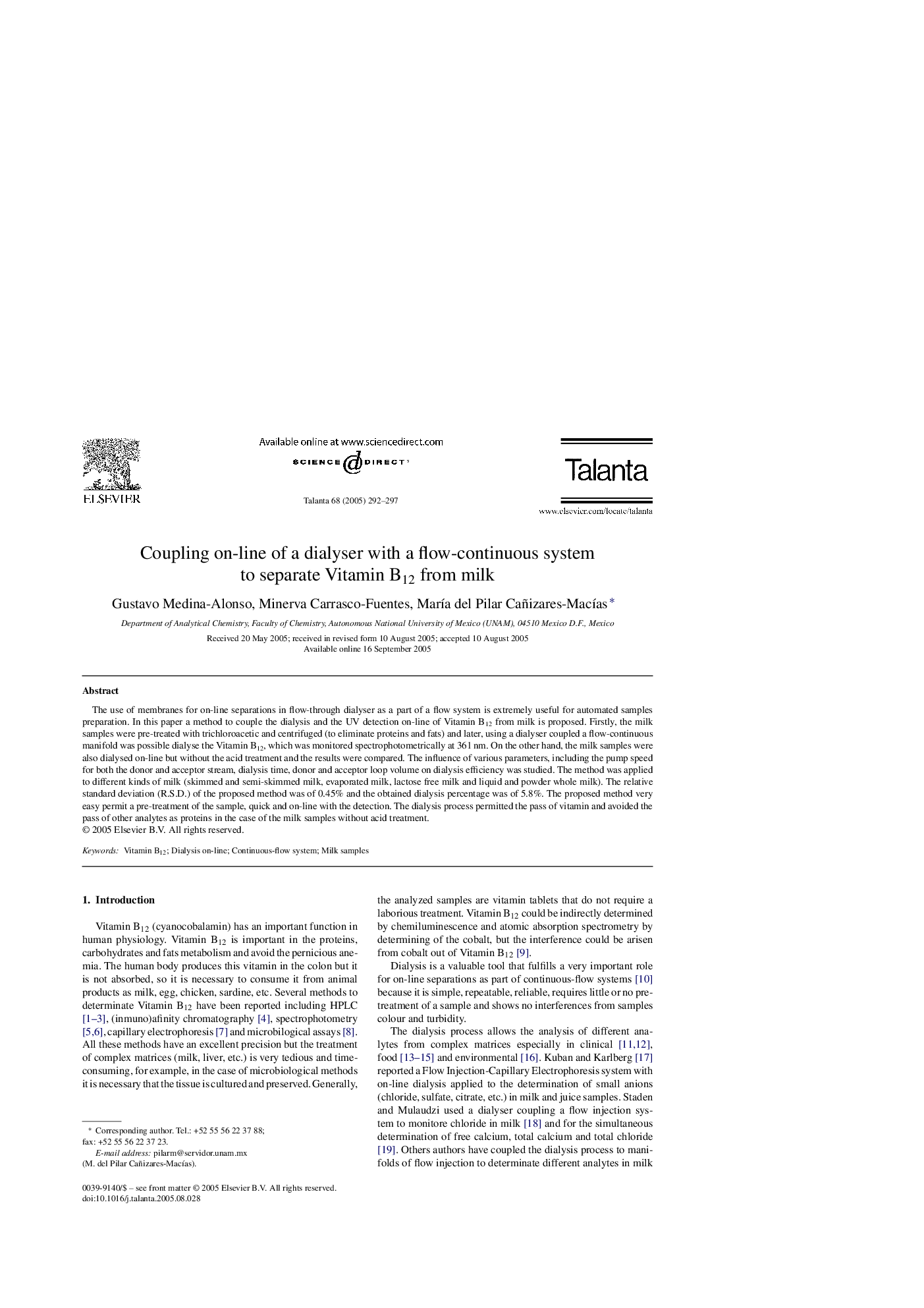 Coupling on-line of a dialyser with a flow-continuous system to separate Vitamin B12 from milk