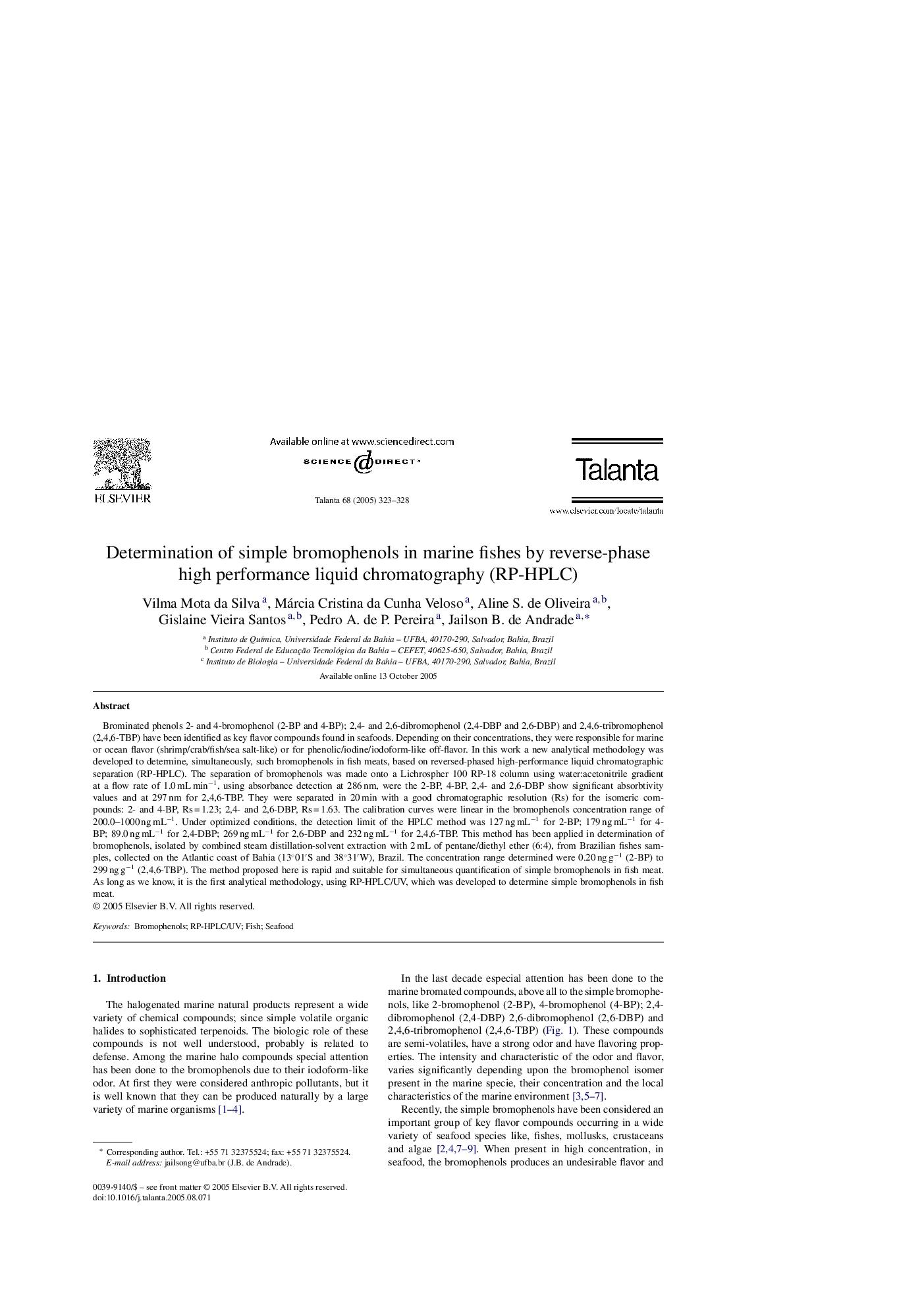 Determination of simple bromophenols in marine fishes by reverse-phase high performance liquid chromatography (RP-HPLC)