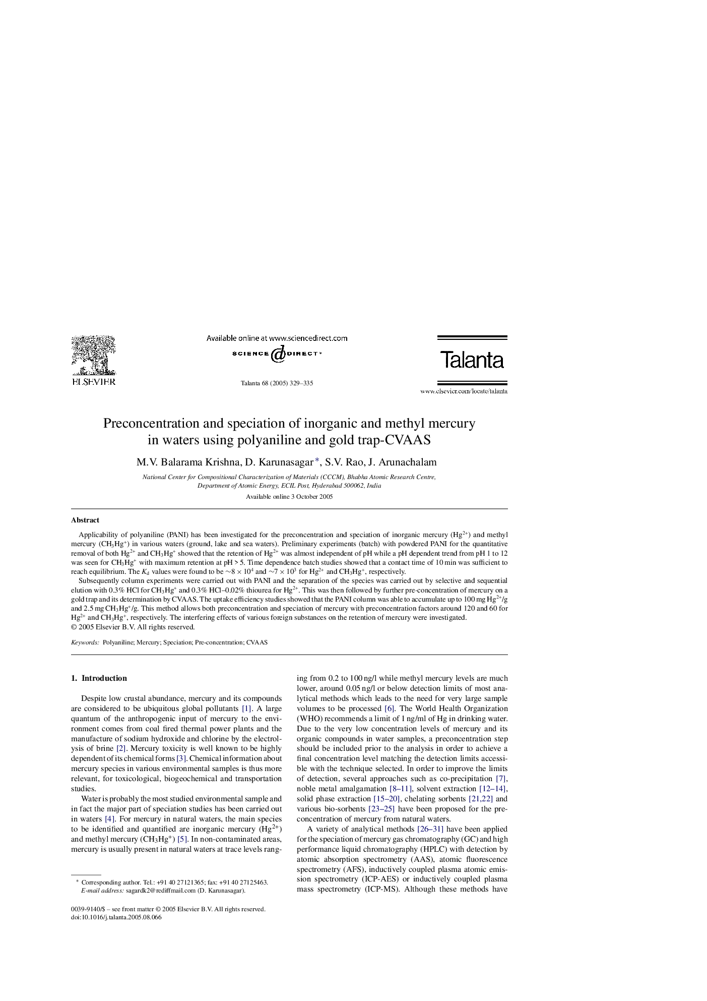 Preconcentration and speciation of inorganic and methyl mercury in waters using polyaniline and gold trap-CVAAS