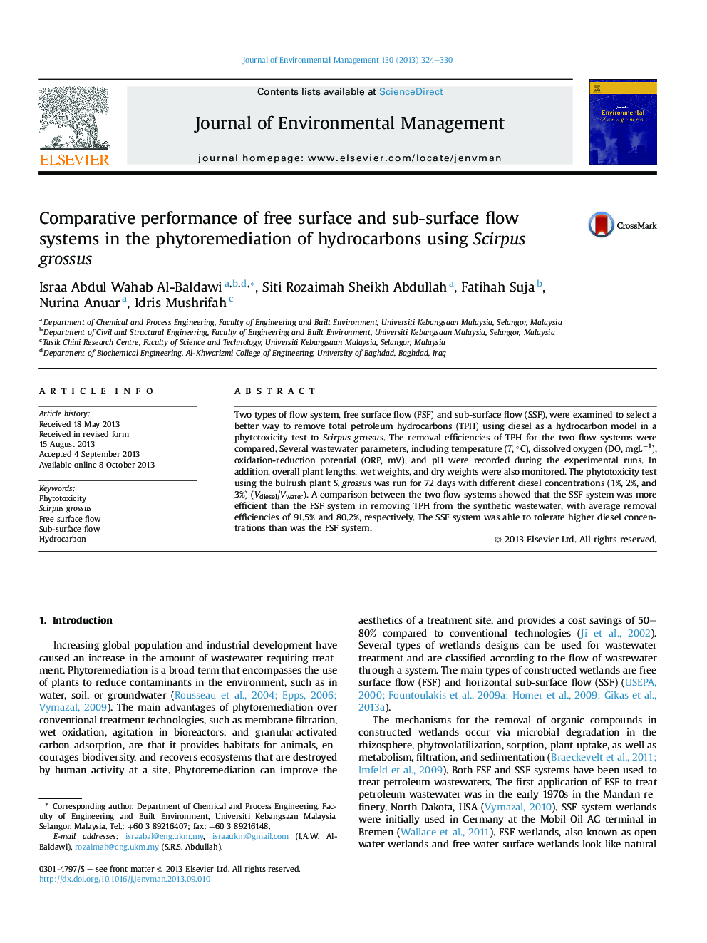 Comparative performance of free surface and sub-surface flow systems in the phytoremediation of hydrocarbons using Scirpus grossus