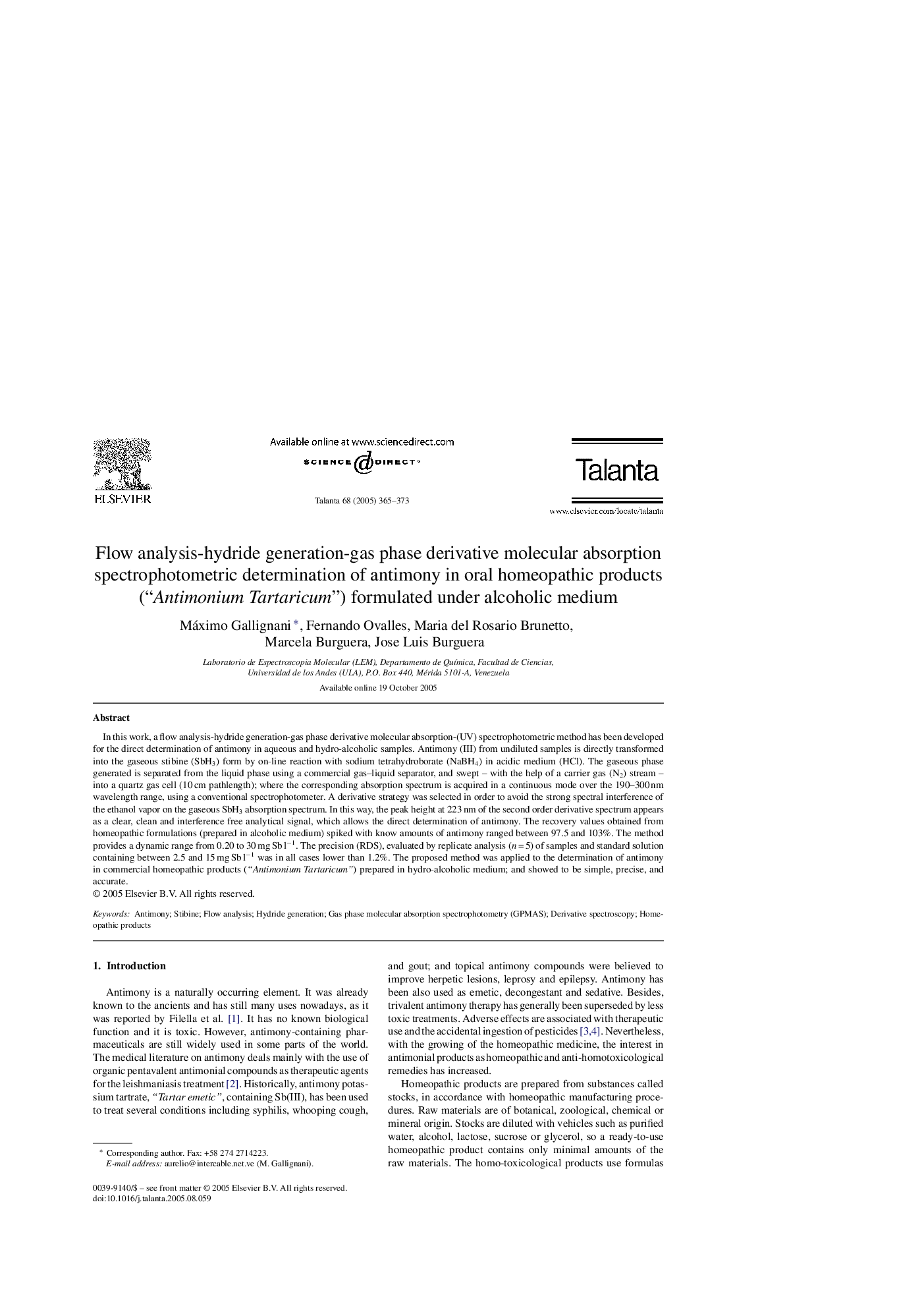 Flow analysis-hydride generation-gas phase derivative molecular absorption spectrophotometric determination of antimony in oral homeopathic products (“AntimoniumTartaricum”) formulated under alcoholic medium