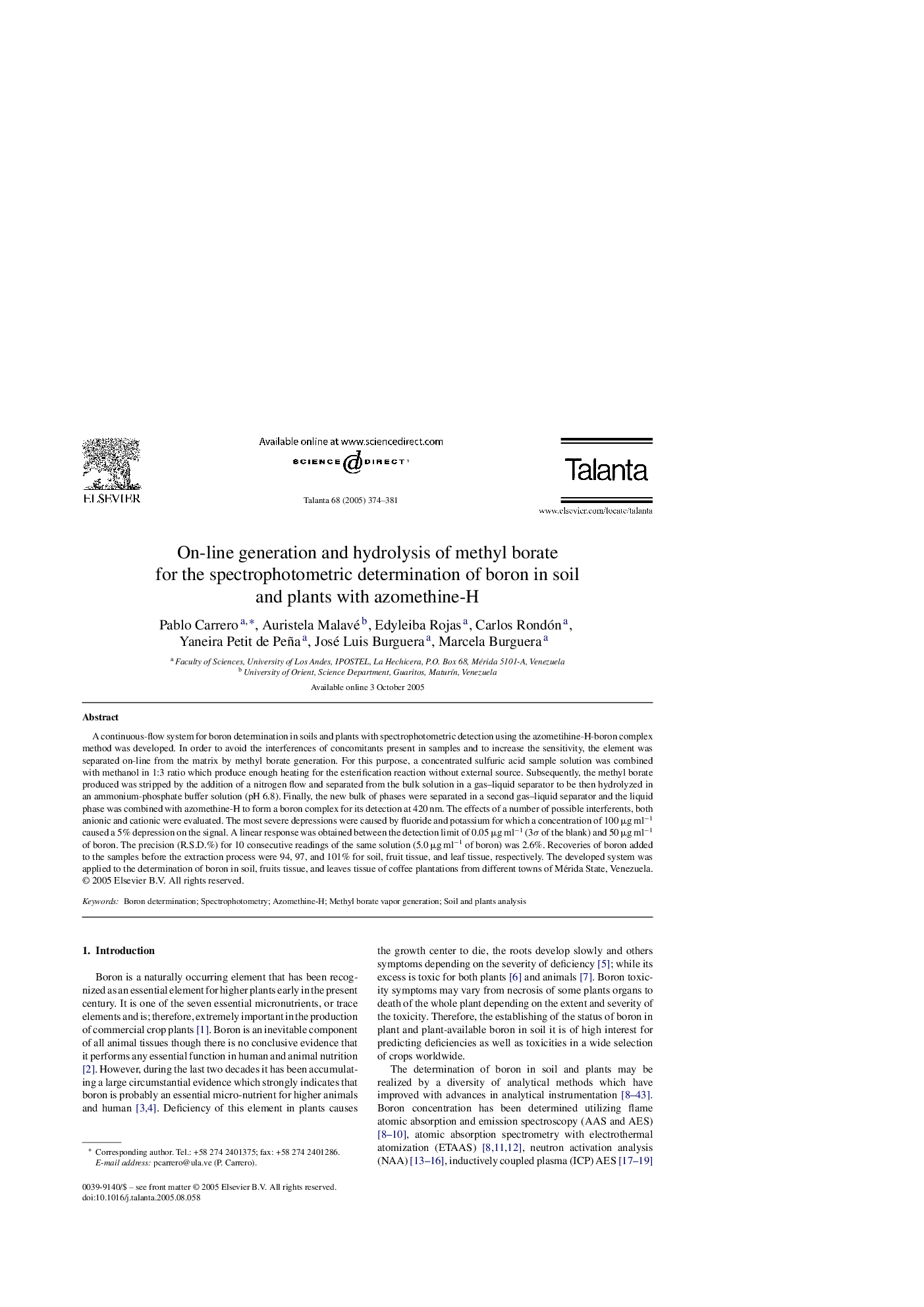 On-line generation and hydrolysis of methyl borate for the spectrophotometric determination of boron in soil and plants with azomethine-H