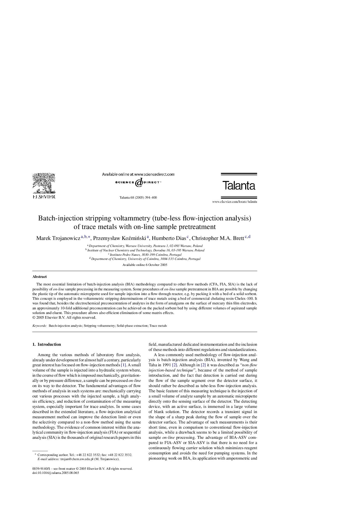 Batch-injection stripping voltammetry (tube-less flow-injection analysis) of trace metals with on-line sample pretreatment