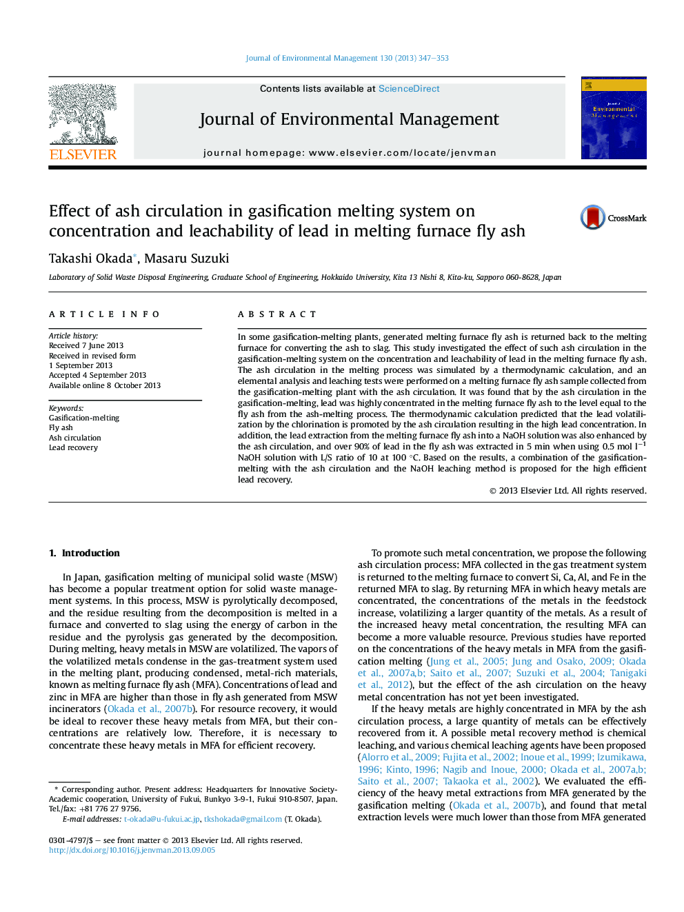 Effect of ash circulation in gasification melting system on concentration and leachability of lead in melting furnace fly ash