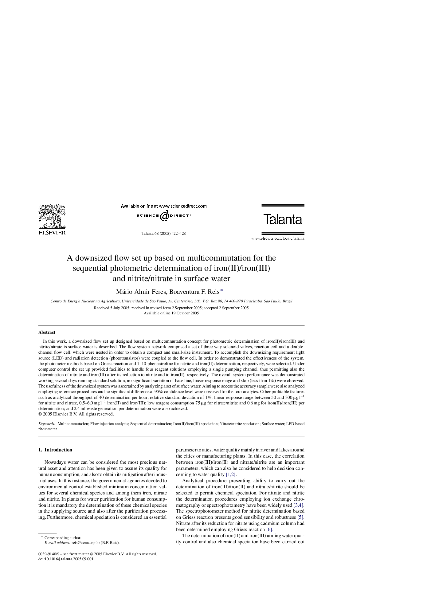 A downsized flow set up based on multicommutation for the sequential photometric determination of iron(II)/iron(III) and nitrite/nitrate in surface water