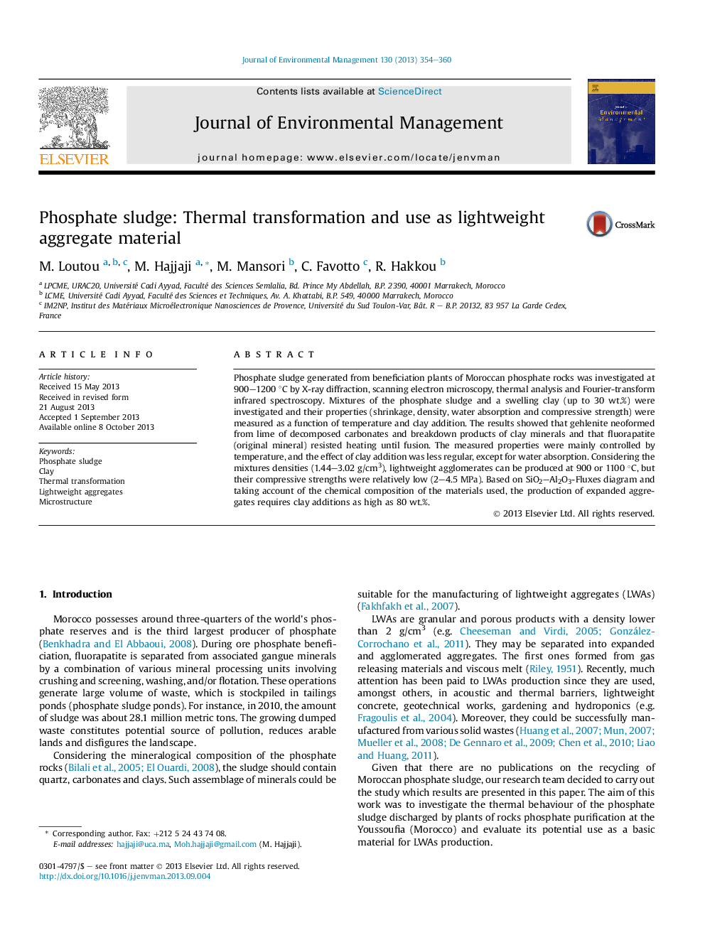 Phosphate sludge: Thermal transformation and use as lightweight aggregate material