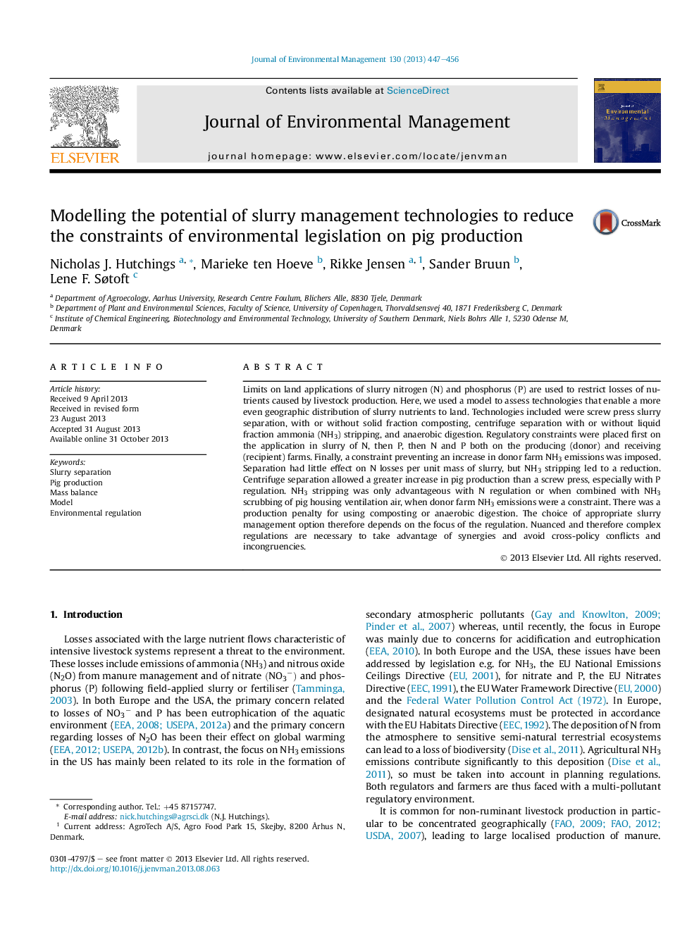 Modelling the potential of slurry management technologies to reduce the constraints of environmental legislation on pig production