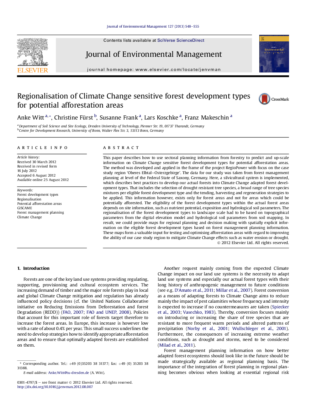 Regionalisation of Climate Change sensitive forest development types for potential afforestation areas