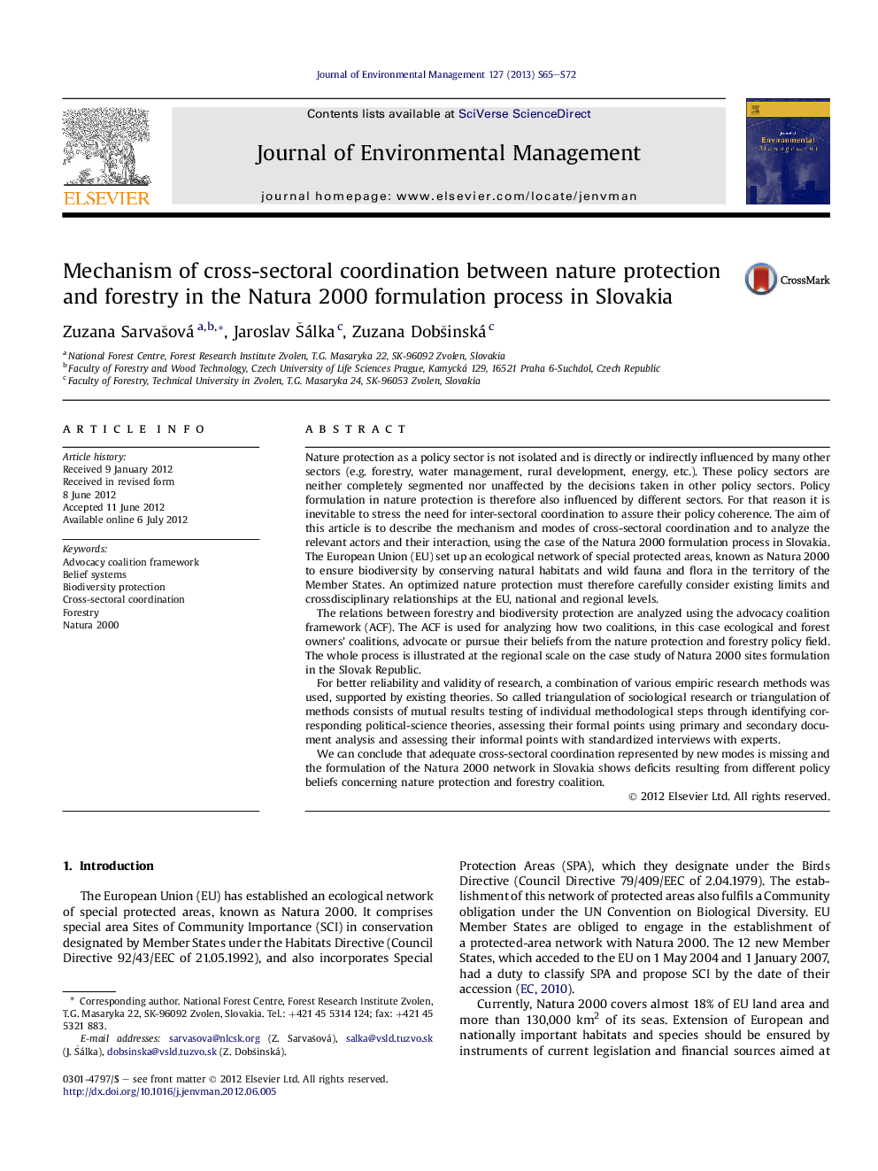 Mechanism of cross-sectoral coordination between nature protection and forestry in the Natura 2000 formulation process in Slovakia