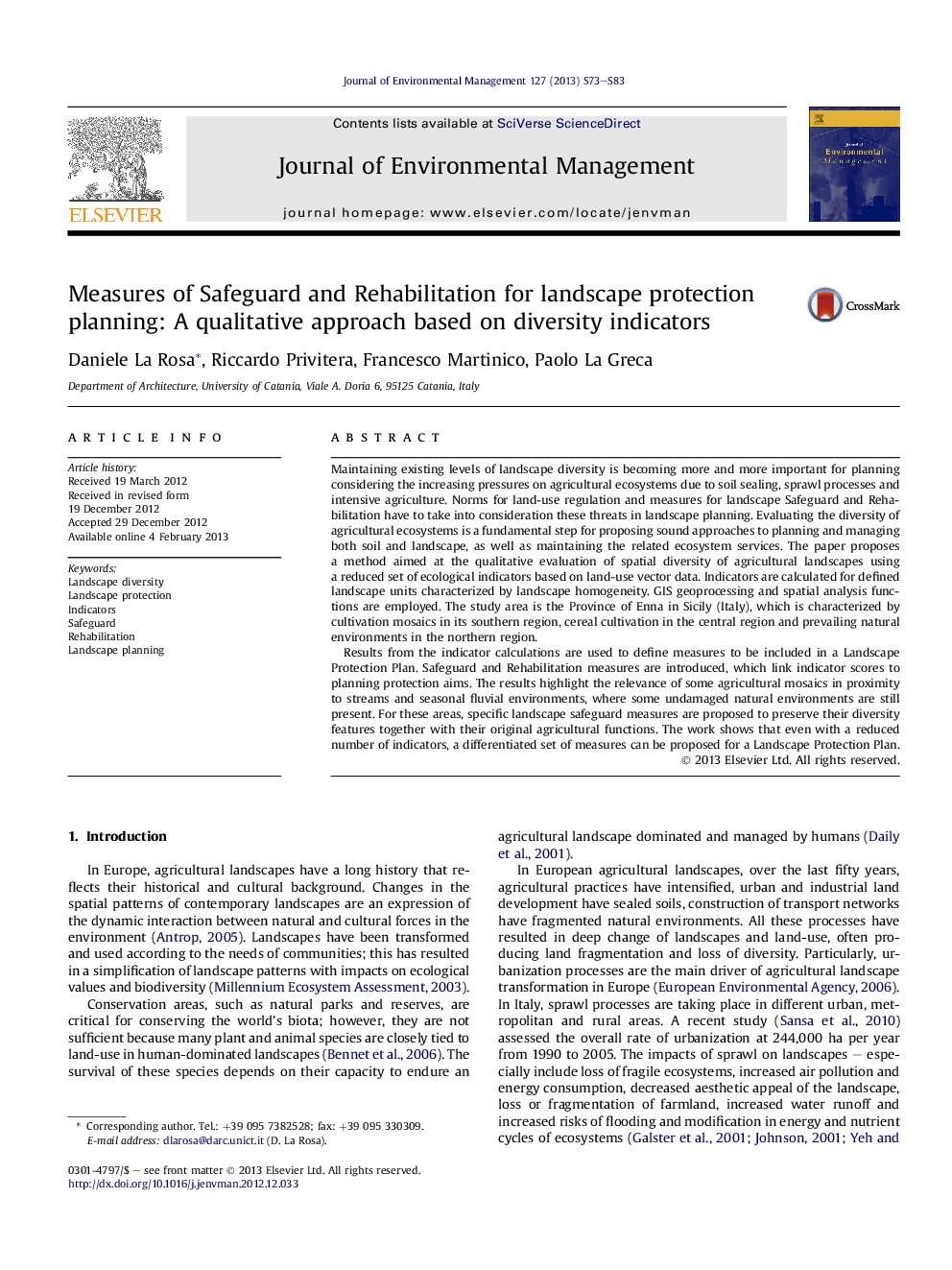 Measures of Safeguard and Rehabilitation for landscape protection planning: A qualitative approach based on diversity indicators