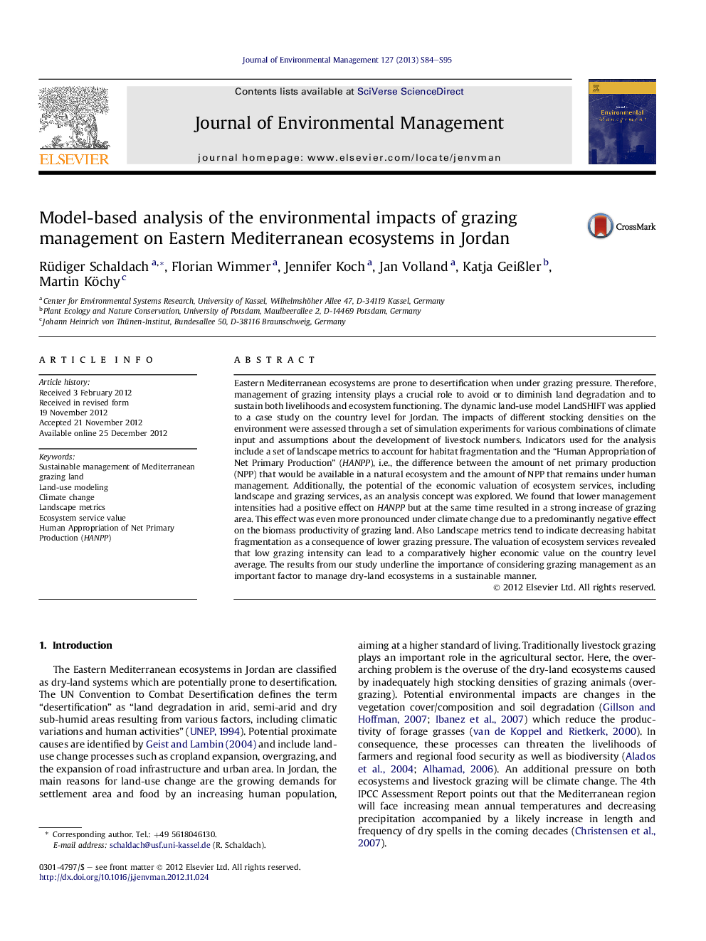 Model-based analysis of the environmental impacts of grazing management on Eastern Mediterranean ecosystems in Jordan