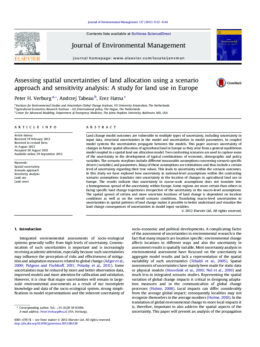 Assessing spatial uncertainties of land allocation using a scenario approach and sensitivity analysis: A study for land use in Europe