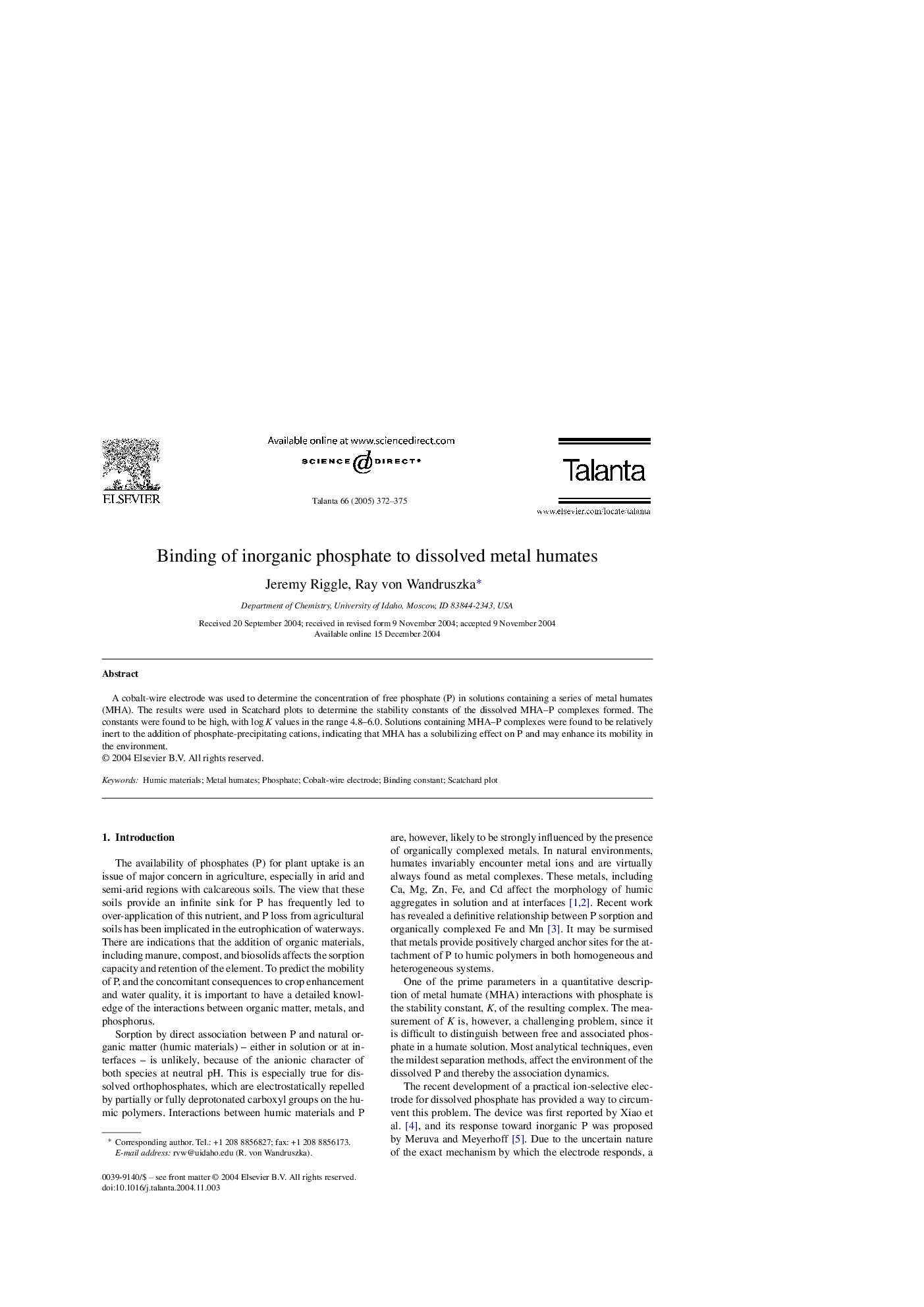 Binding of inorganic phosphate to dissolved metal humates