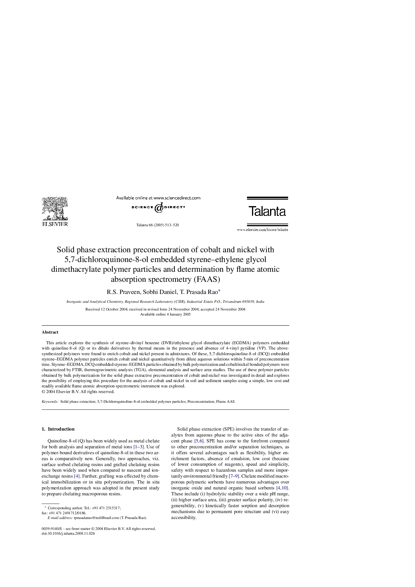 Solid phase extraction preconcentration of cobalt and nickel with 5,7-dichloroquinone-8-ol embedded styrene-ethylene glycol dimethacrylate polymer particles and determination by flame atomic absorption spectrometry (FAAS)