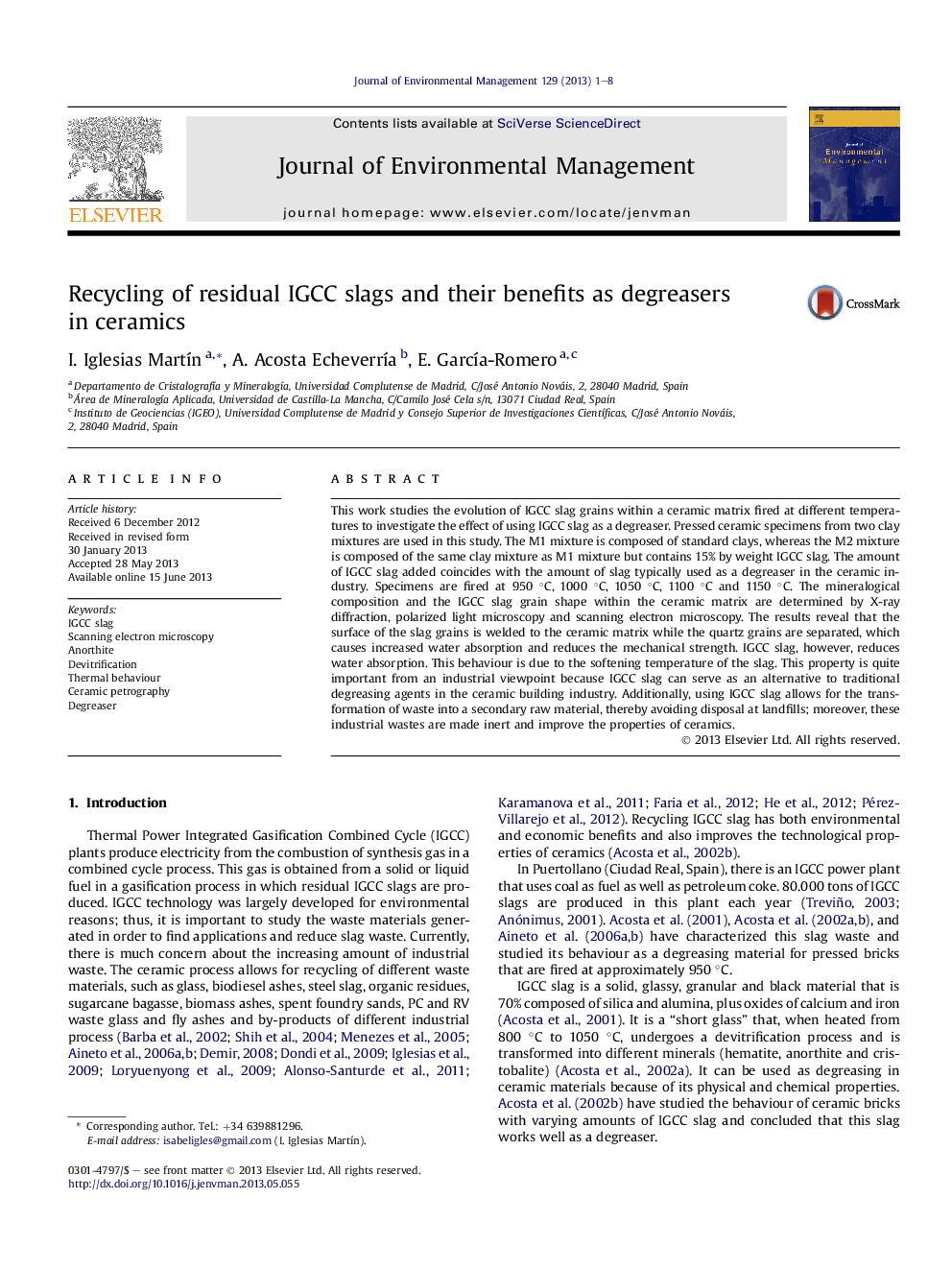 Recycling of residual IGCC slags and their benefits as degreasers in ceramics